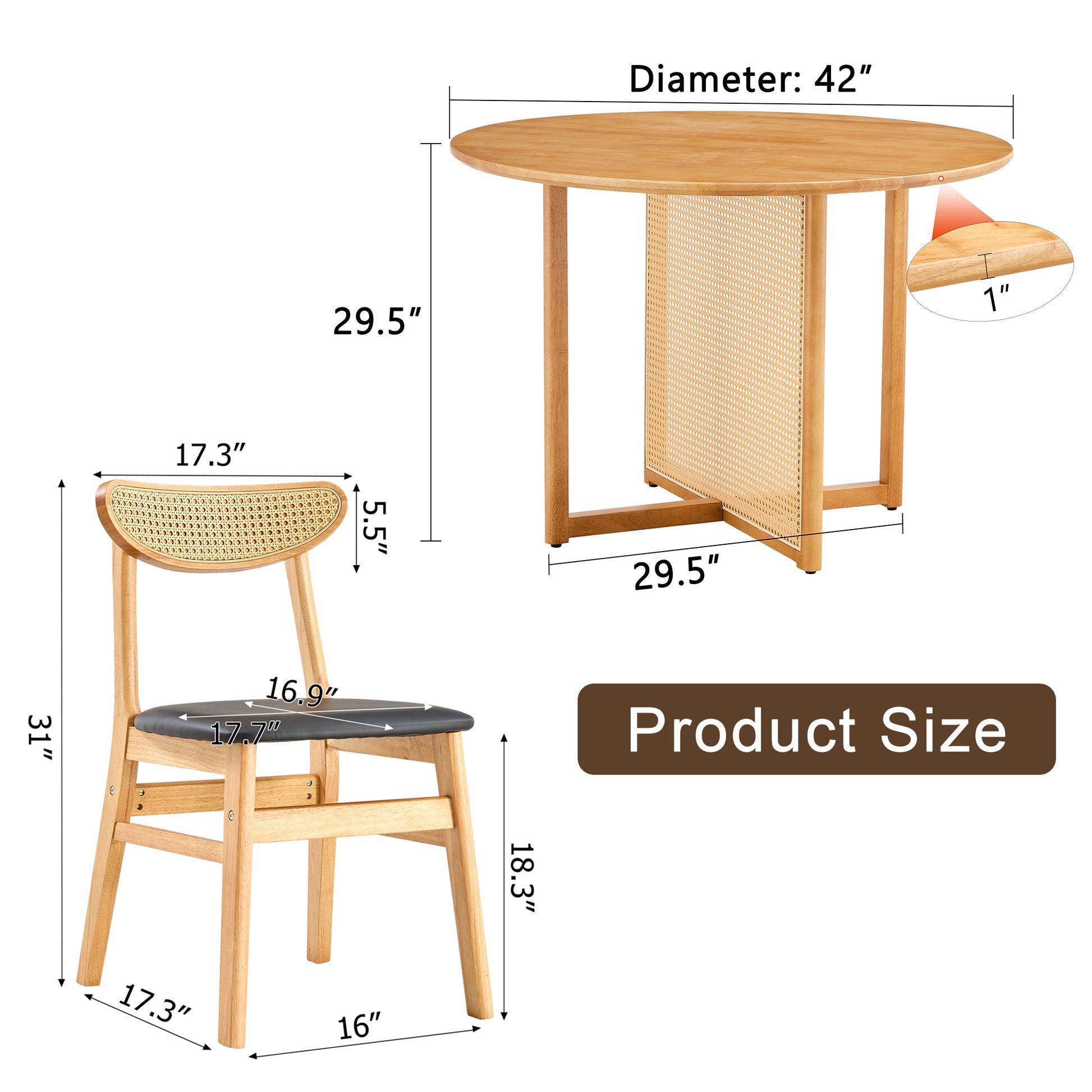 Table And Chair Set, Ancient Style Solid Wood Dining Table, Imitation Rattan Table Legs, Beautiful Simple Solid Wood Dining Chair, Perfect For Dinner, Meetings, Home And Office Decoration Wood Rubber Wood