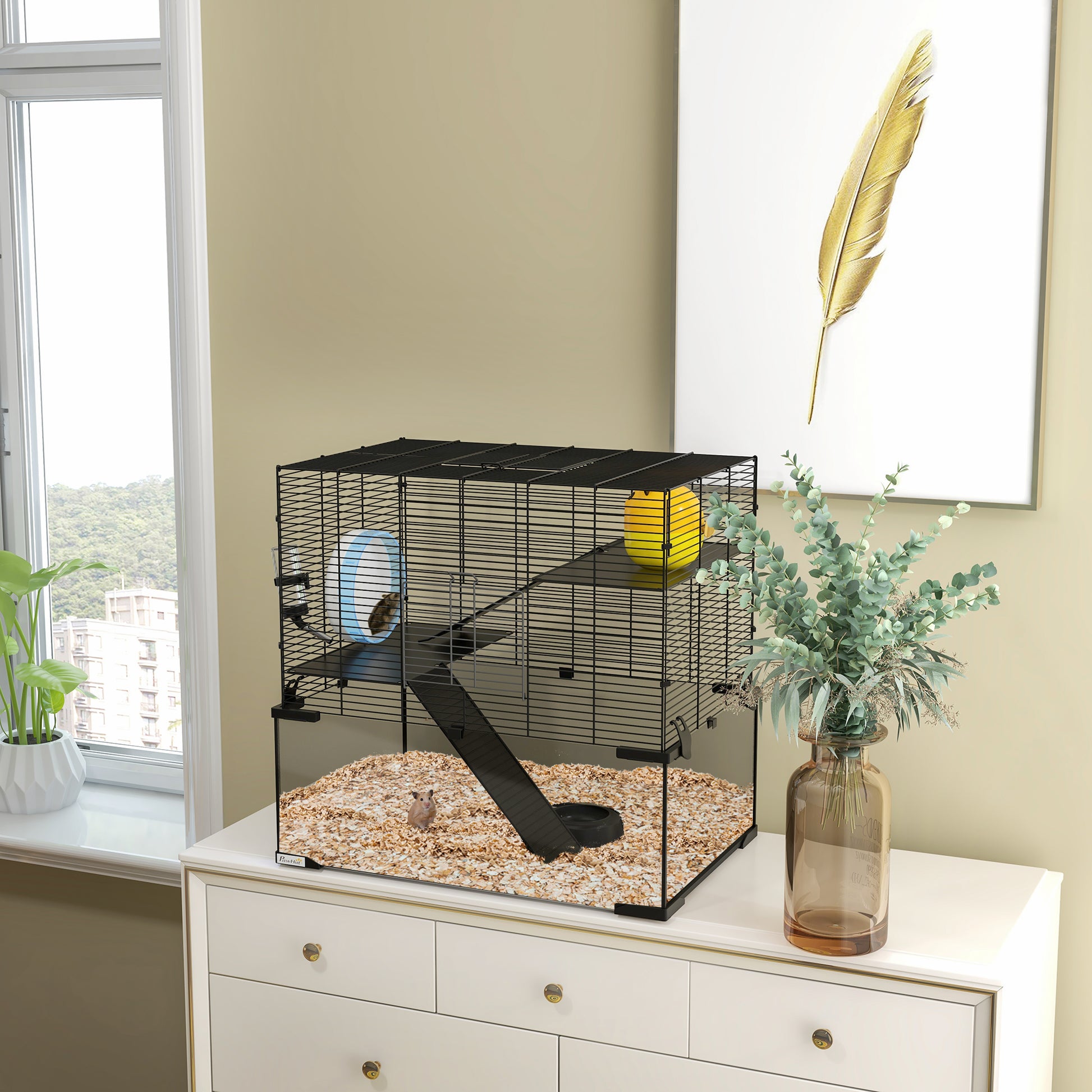 Pawhut Hamster Cage, 23.5" Gerbil Cage With Glass Basin, Ramps, Platforms, Hut, Exercise Wheel, For Small Hamsters, Black Black Steel