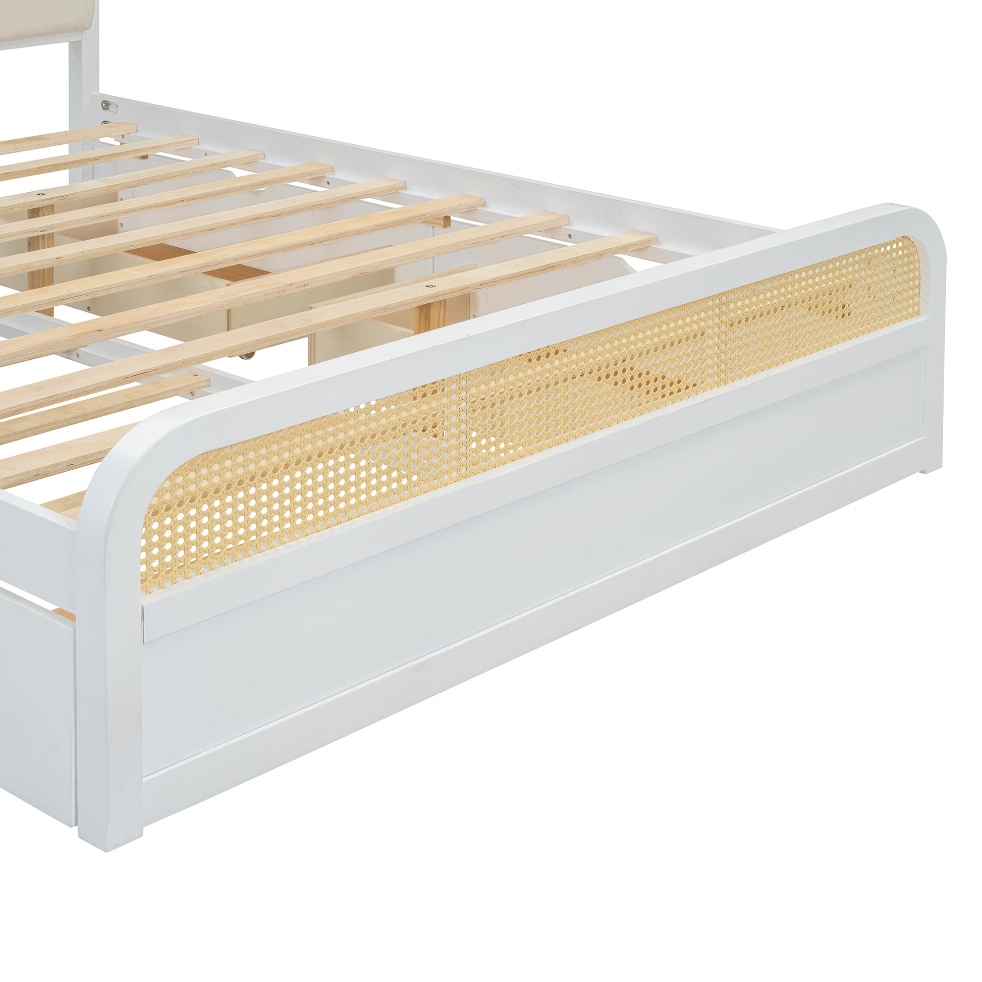 Queen Size Wooden Platform Bed With Trundle And 2 Drawers,White Queen White Solid Wood Mdf