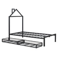 Twin Size Metal Platform Bed With Two Drawers,House Shaped Headboard Design, Black Twin Black Metal