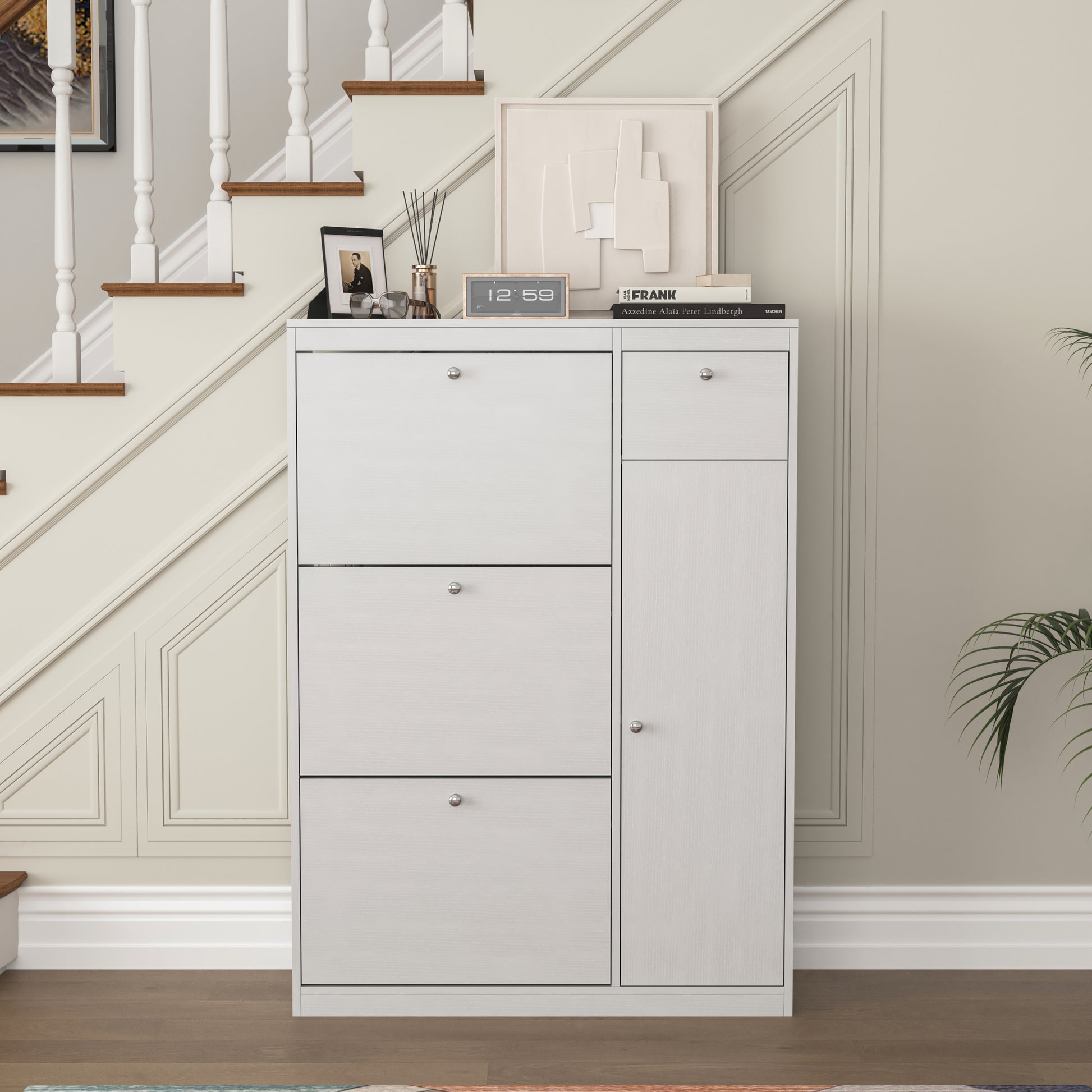 Shoe Cabinet,Freestanding Tipping Bucket Shoe Rack Organizer With 3 Flip Drawers,Entryway Narrow Shoe Storage With Adjustable Storage Shelf,Modern Slim Hidden Shoe Cabinet, White 5 Or More Spaces White Primary Living Space Particle Board