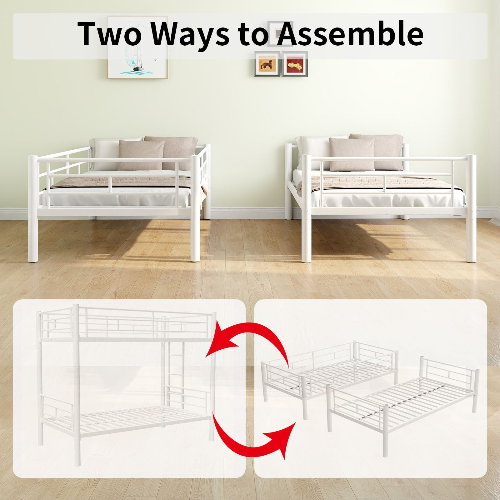 Bunk Bed Twin Over Twin Size With Ladder And High Guardrail, Able To Split, Metal Bunk Bed, Storage Space, Noise Free,White Box Spring Not Required Twin White Metal Metal