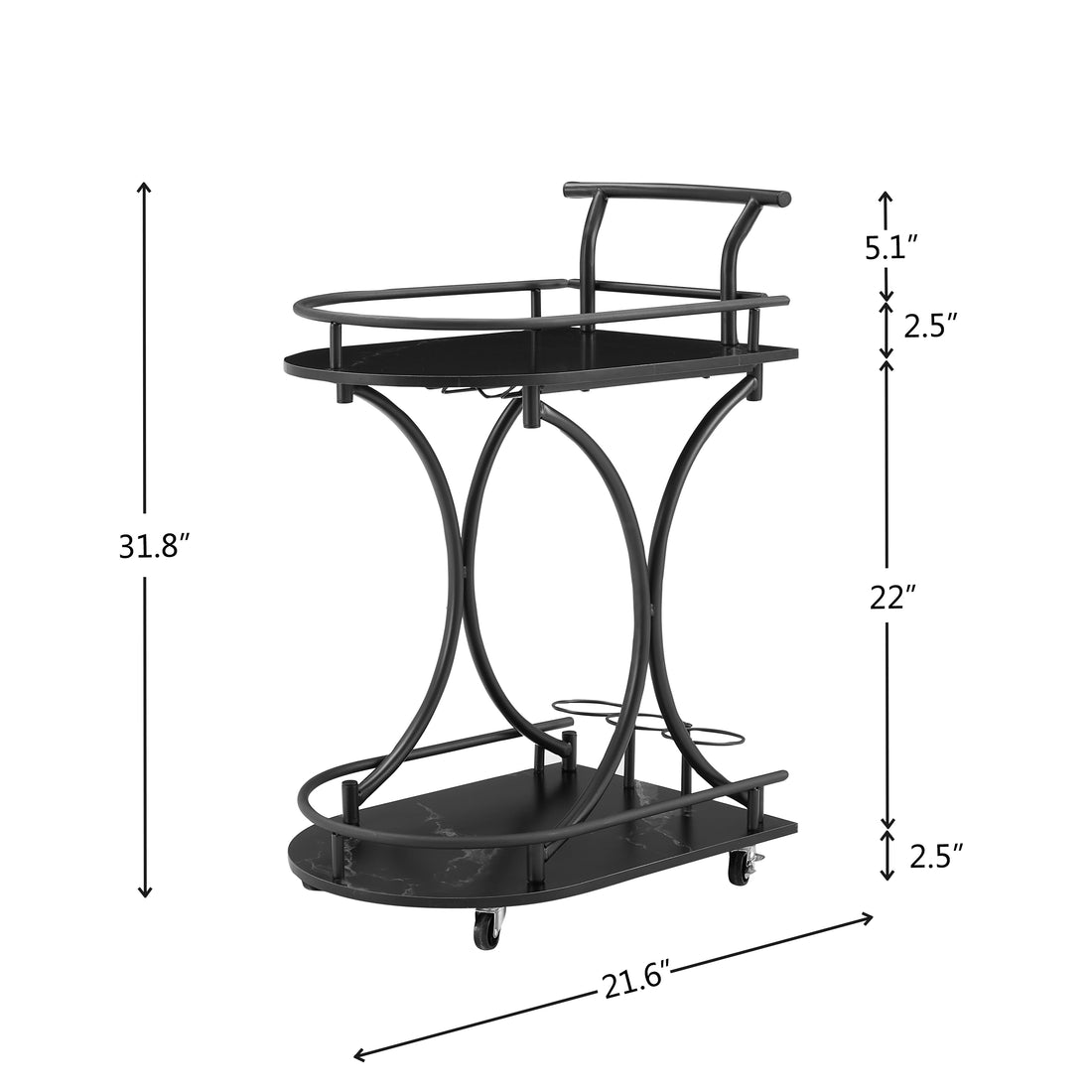 Black 2 Tier Bar Cart, Slide Bar Serving Cart, Retro Style Wine Cart For Kitchen, Beverage Cart With Wine Rack And Glass Holder, Rolling Drink Trolley For Living Room, Dining Room Black Metal Metal & Wood