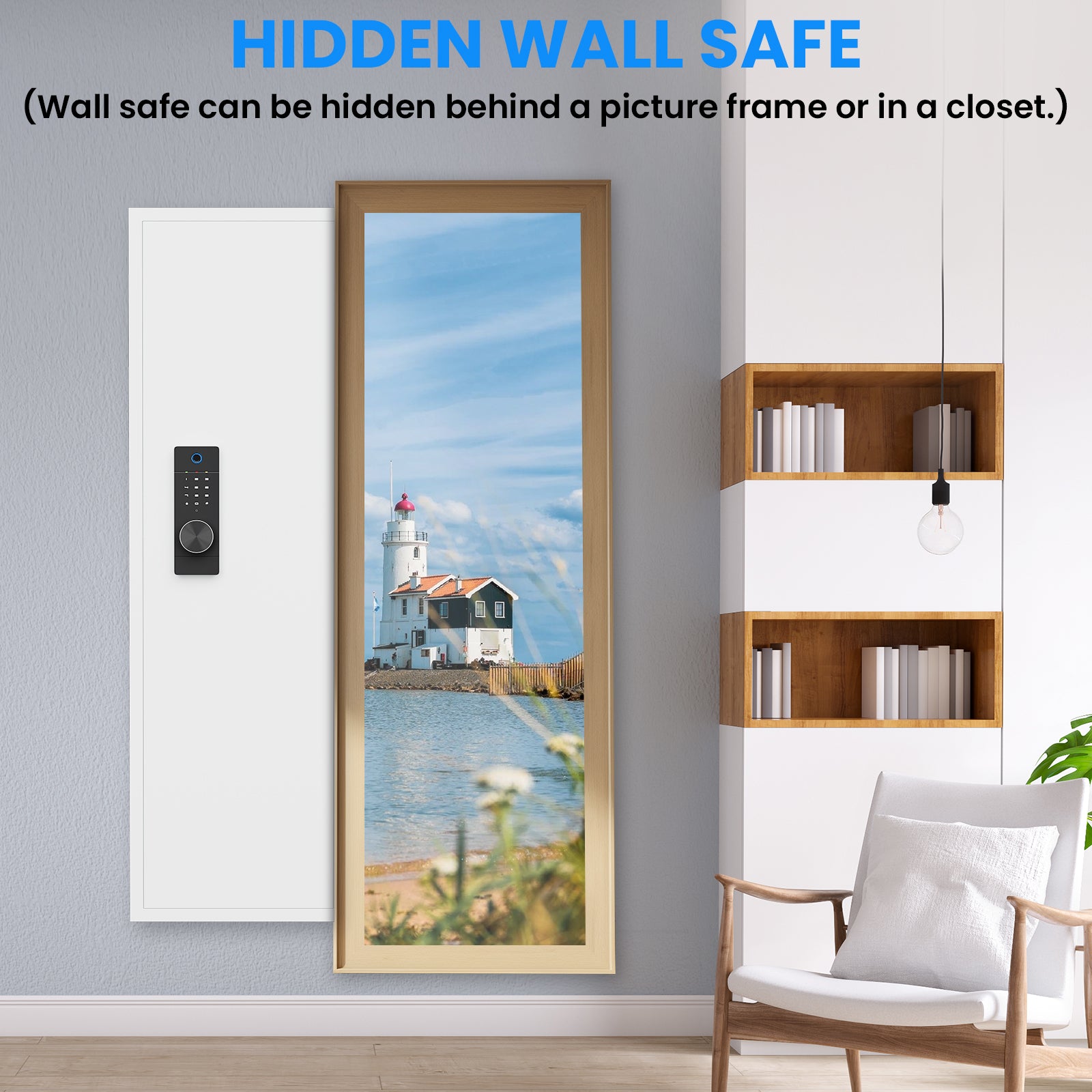 53" Fingerprint Touch Panel In Wall Safe,Hidden Wall Safe For Rifles With Adjustable Shelves,Assembled Storage Multifunctional Wall Safe For Firearm And Valuables White Fingerprint White Steel