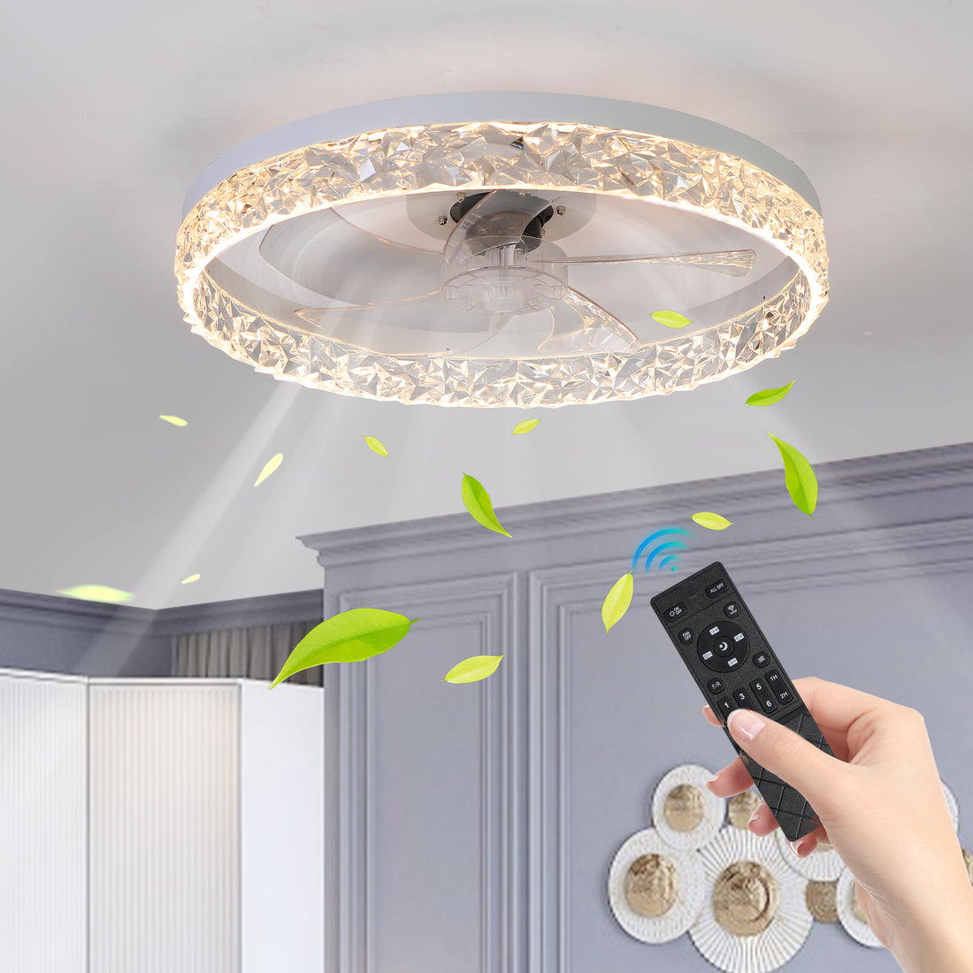 Modern Acrylic Ceiling Fan Light With Remote Control, Dimmable Led Chandelier, 6 Speed Adjustable, Quiet Motor, Flush Mount Design For Living Room, Bedroom, Dining Room White Abs Acrylic