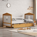 Twin Size House Shape Bed With Two Drawers Wooden Bed For Girls Boys Teens, No Box Spring Needed, Walnut And White Box Spring Not Required Twin White Walnut Wood Bedroom Cute Pine Bed Frame Wood