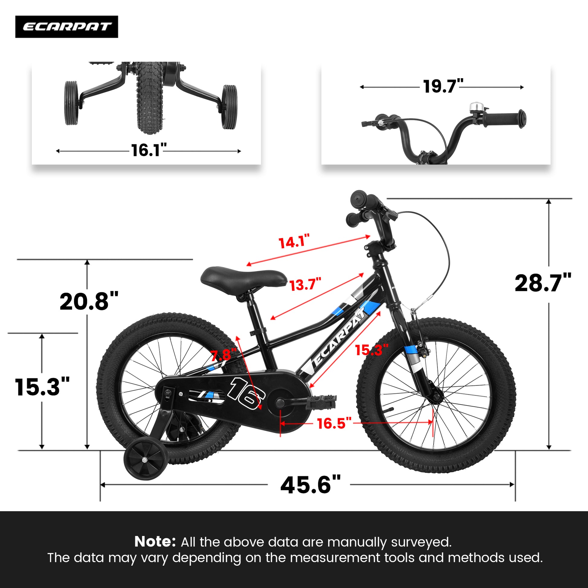 A16117 Ecarpat Kids' Bike 16 Inch Wheels, 1 Speed Boys Girls Child Bicycles For 3 4Years, With Removable Training Wheels Baby Toys, Front V Brake, Rear Holding Brake Black Cute Polyurethane Foam 3 To 4 Years Carbon Steel Outdoor