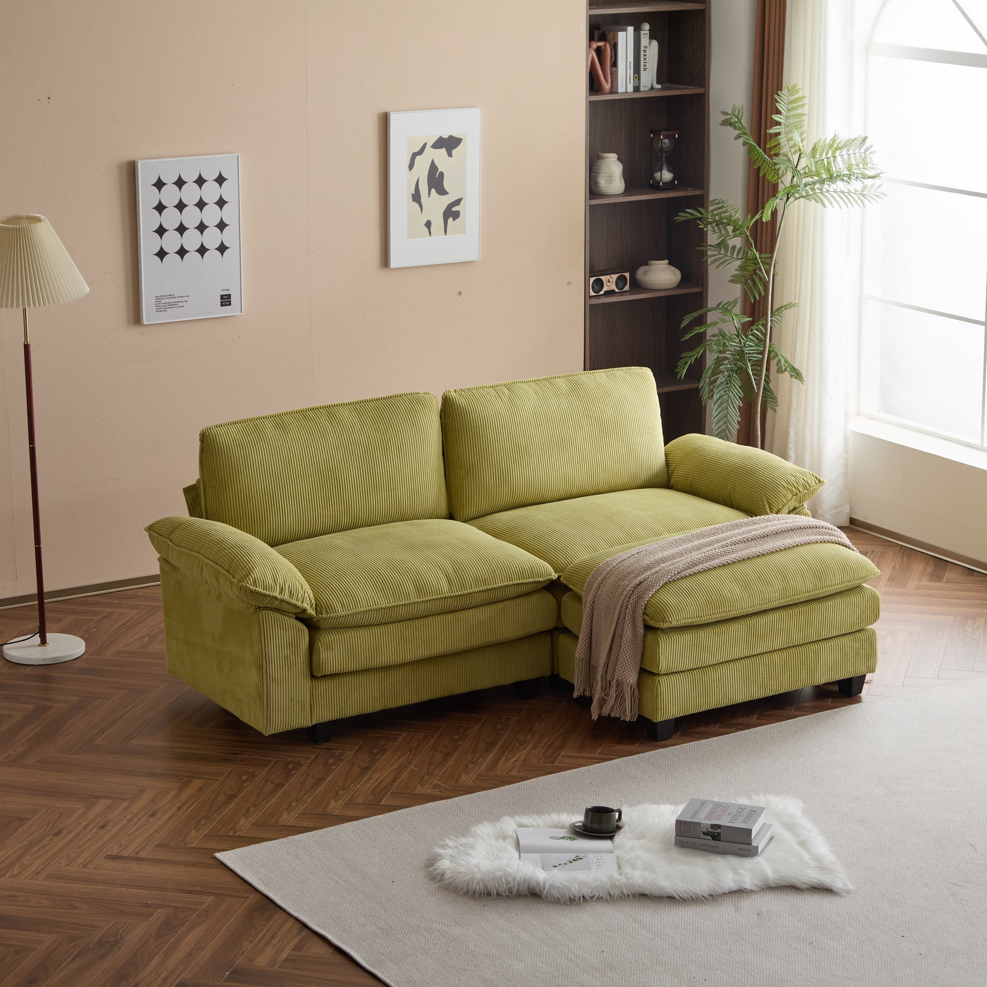 Modular Sectional Sofa With Movable Ottoman,L Shaped Corduroy Fabric Couch With High Supportive & Soft Sponges And Removable Ottoman, Sleeper Comfy Upholstered Furniture For Living Room,Green Green