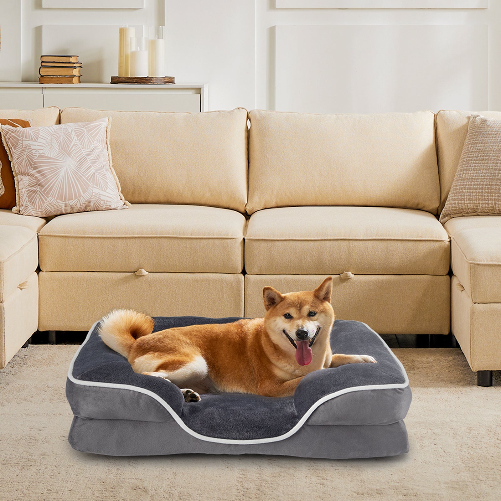 Memory Foam Pet Bed For Small Dogs & Cats With Washable Removable Cover Non Slip Base Waterproof Liner Egg Crate Foam For Improved Sleep, Grey,Large Grey Fabric