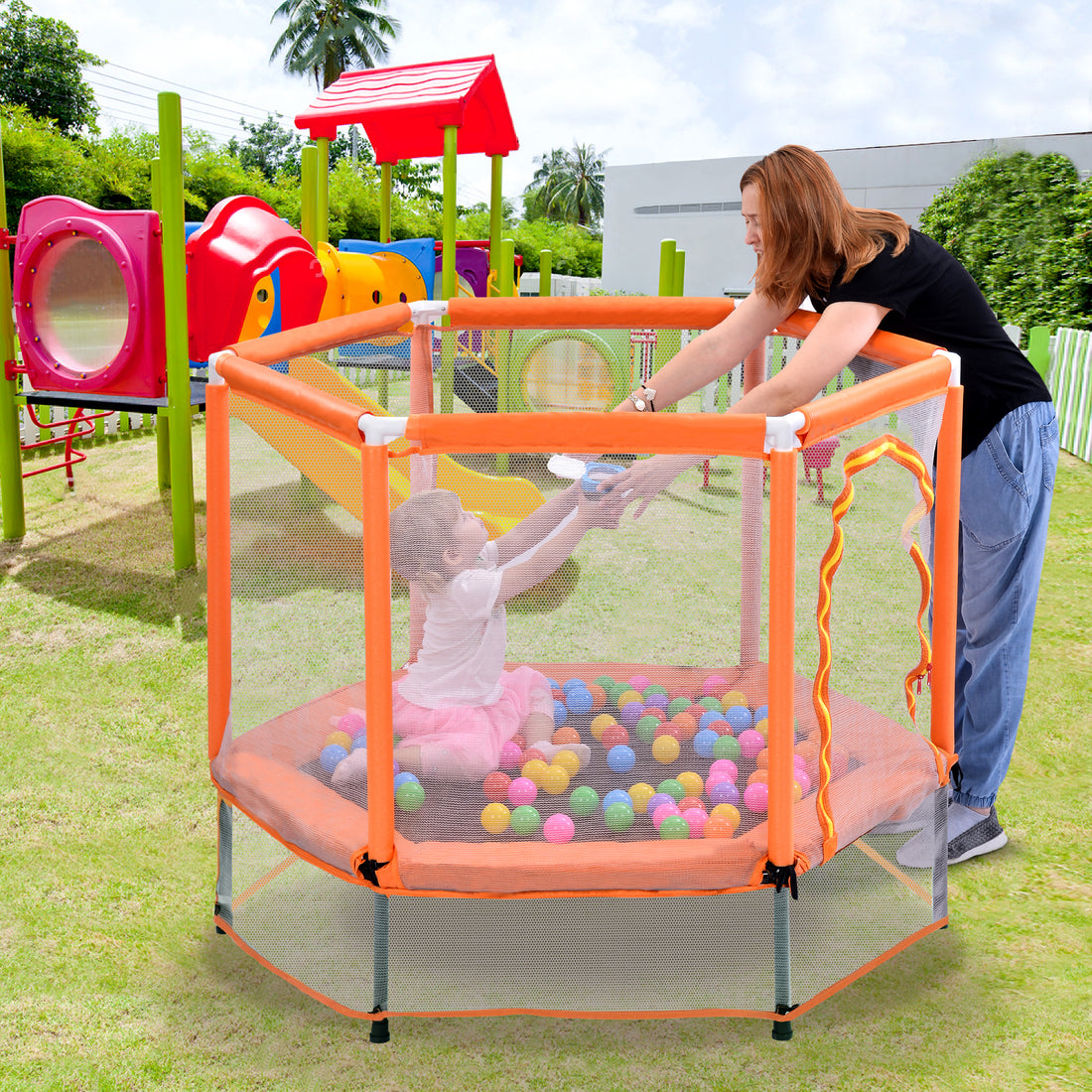 55'' Toddlers Trampoline With Safety Enclosure Net And Balls, Indoor Outdoor Mini Trampoline For Kids Orange Metal