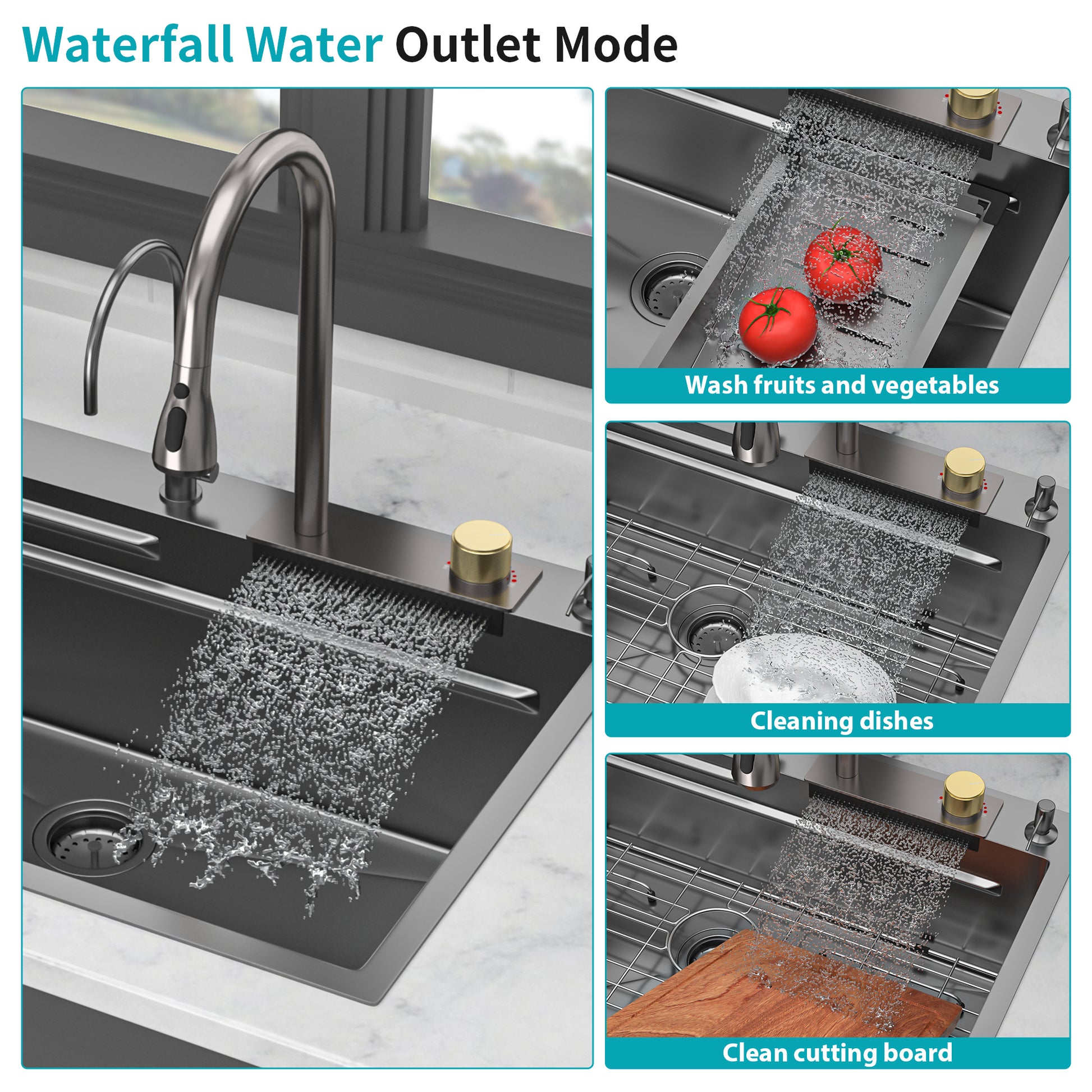 Gunmetal Black Drop In Waterfall Kitchen Sink 33*22 Inch Single Bowl 16 Gauge Stainless Steel Ledge Workstation Kitchen Sinks With Pull Out Faucet & Cup Washer Gunmetal Black Stainless Steel