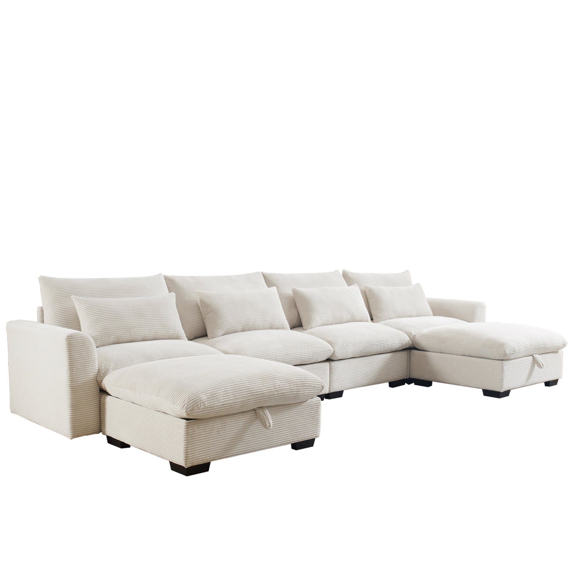 Big Deep Seat U Shaped Corduroy Sectional Couches For Living Room, 4 Seater Sofa Couch With 2 Storage Footstool And 4 Waist Pillows Corduroy, Beige Beige Corduroy 4 Seat