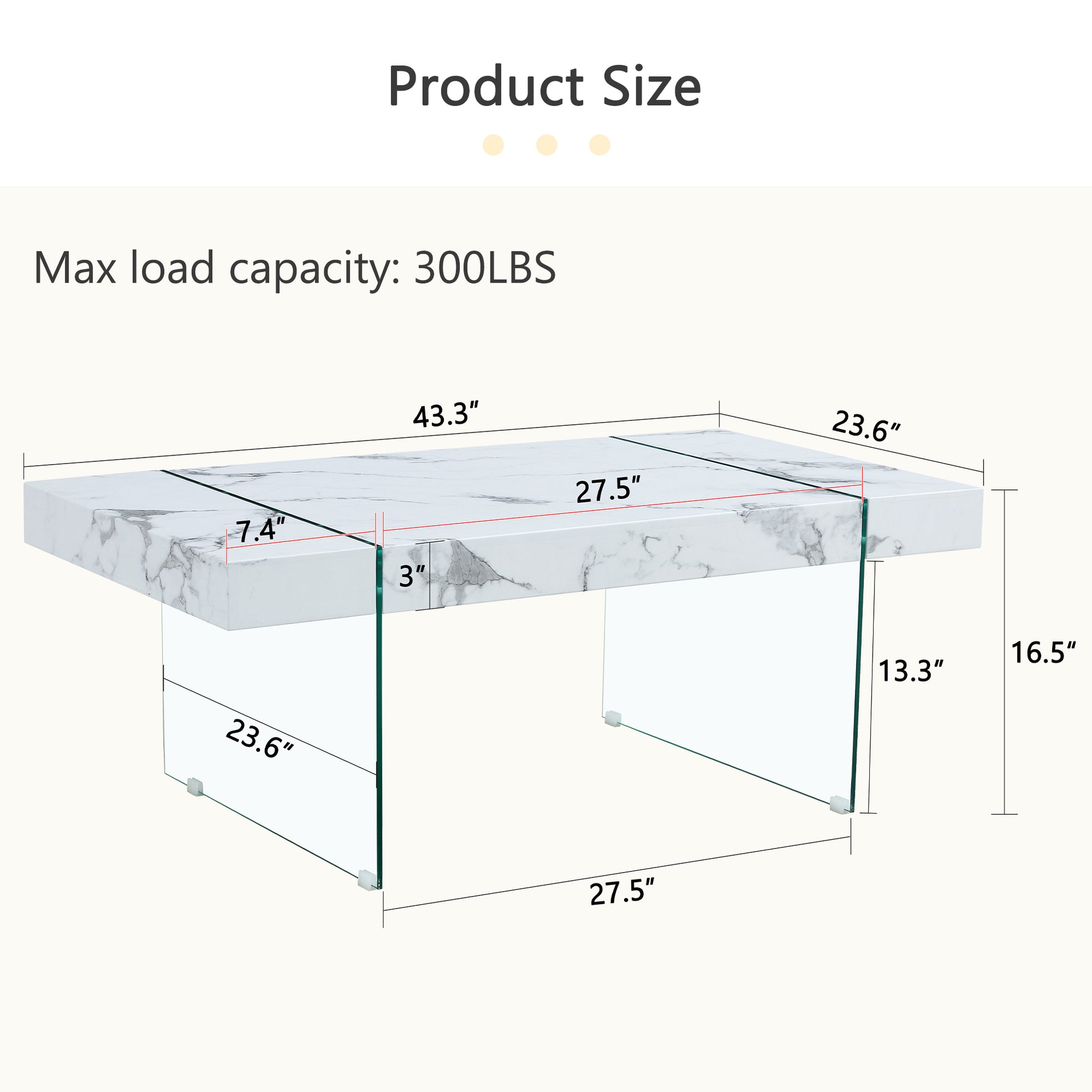 43.3"X23.6" White Marble Patterned Mdf Coffee Table With Tempered Glass Legs.Suitable For Living Room.It Can Be Used Not Only As A Coffee Table But Also As A Side Table Or Display Stand.