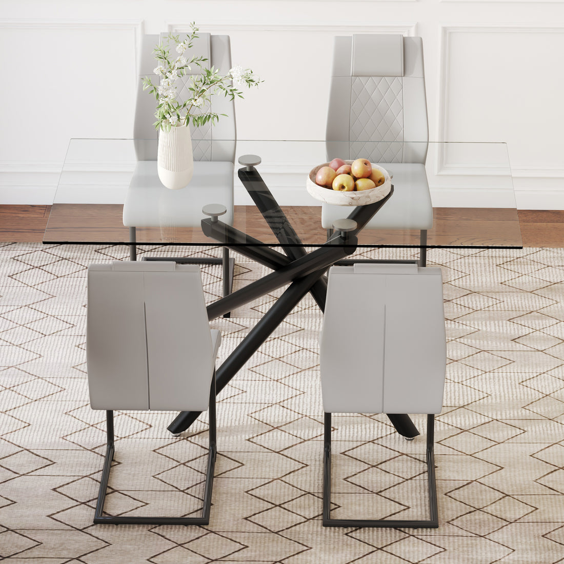 Table And Chair Set.Modern Rectangular Glass Dining Table With 0.39" Tempered Glass Tabletop And Black Metal Legs.Paired With Multiple Chairs Designed With Pu Cushions And Black Metal Legs. Black Grey Seats 4 Tempered Glass