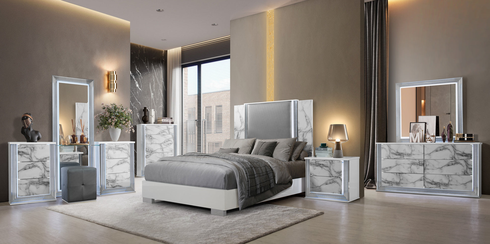 Moon White Marble Mirror With Led Marble Solid Wood Mdf