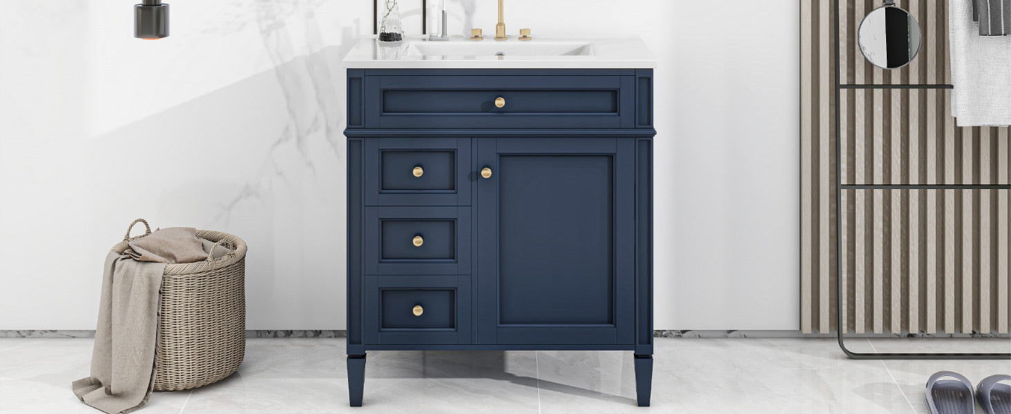 30'' Bathroom Vanity With Top Sink, Modern Bathroom Storage Cabinet With 2 Drawers And A Tip Out Drawer, Single Sink Bathroom Vanity Blue Modern Mdf Ceramic,Solid Wood Mdf