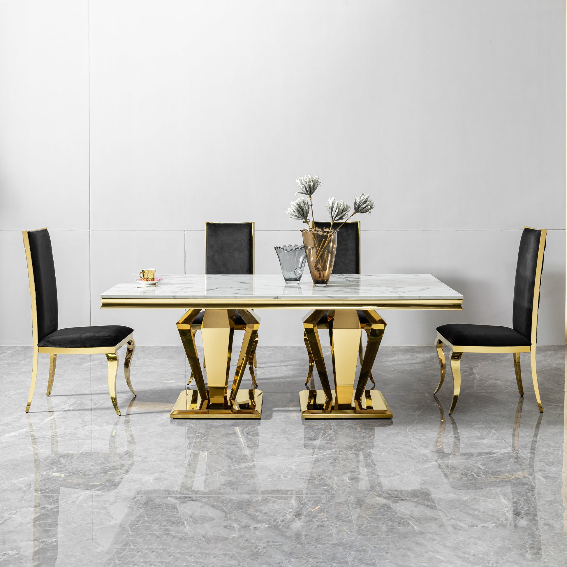 Dining Table For 6 Or 8, Rectangular 78.74" L X 39.37" W X 29.92" H Gold Polished Stainless Steel Base Mdf Marble Top Gold Seats 6 Dining Room Modern Kitchen & Dining Tables Rectangular Stainless Steel