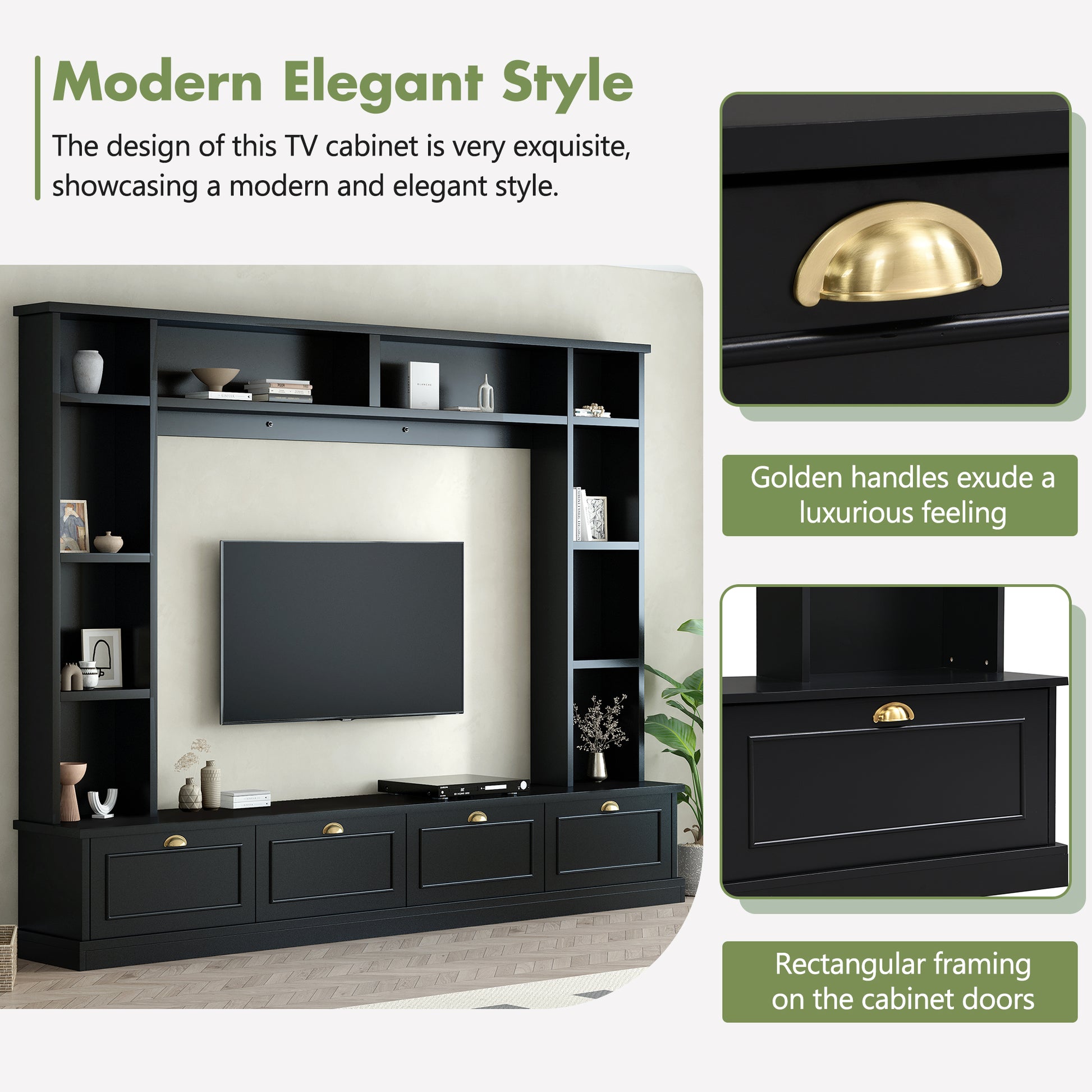 Large Wall Unit Entertainment Center With Bookshelves For Tvs Up To 78'', Modern Tv Console With Cabinets And Open Shelves, 4 In 1 Tv Stand With Golden Handles, Black, 104.2''W*81.2''H Black 70 79 Inches Mdf