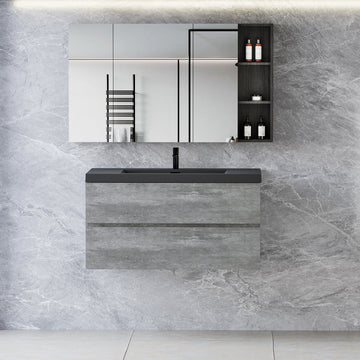 42" Floating Bathroom Vanity With Sink, Modern Wall Mounted Bathroom Storage Vanity Cabinet With Black Quartz Sand Top Basin And Soft Close Drawers, Grey 24V12 42Gr 2 Grey Wall Mounted Melamine