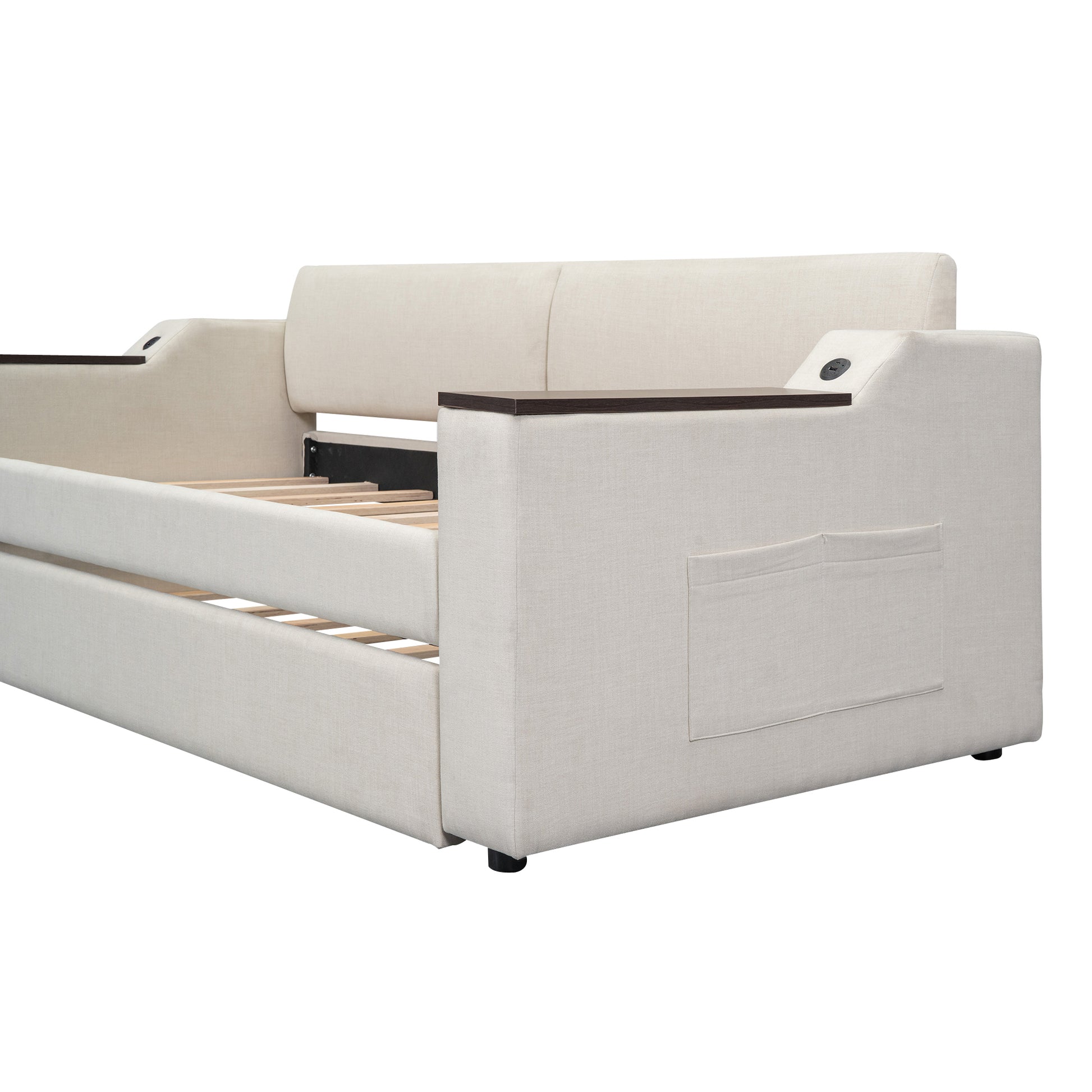 Twin Size Upholstery Daybed With Storage Arms, Trundle And Usb Design, Beige Old Sku:Gx000547Aaa Box Spring Not Required Twin Beige Wood Upholstered