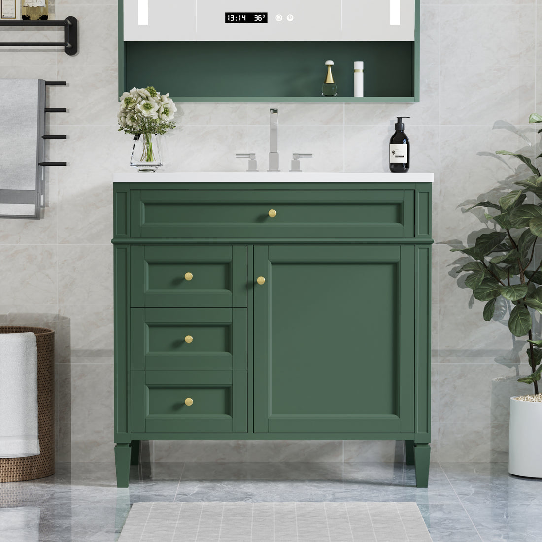 36'' Bathroom Vanity With Top Sink, Modern Bathroom Storage Cabinet With 2 Drawers And A Tip Out Drawer, Single Sink Bathroom Vanity 3 Green 1 1 Adjustable Hinges Bathroom Freestanding Solid Wood Mdf Resin Painted