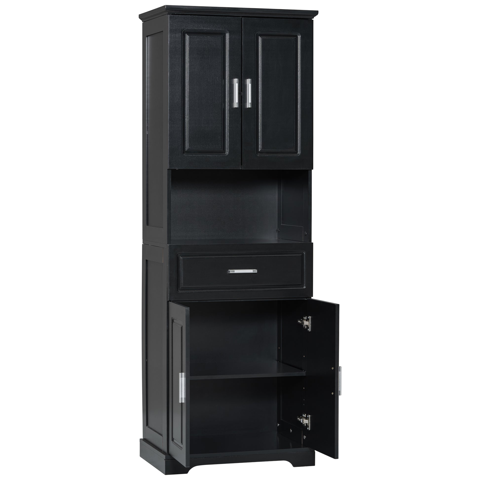 Tall Bathroom Cabinet With Four Doors, Large Storage Space Open Shelve, Upper Storage Cabinet, Black Black Mdf