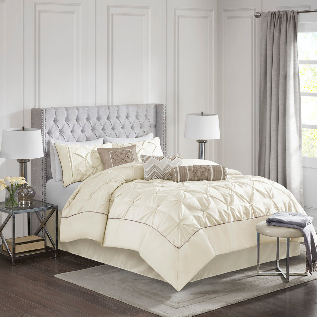 7 Piece Tufted Comforter Set Ivory Full Full Ivory Polyester
