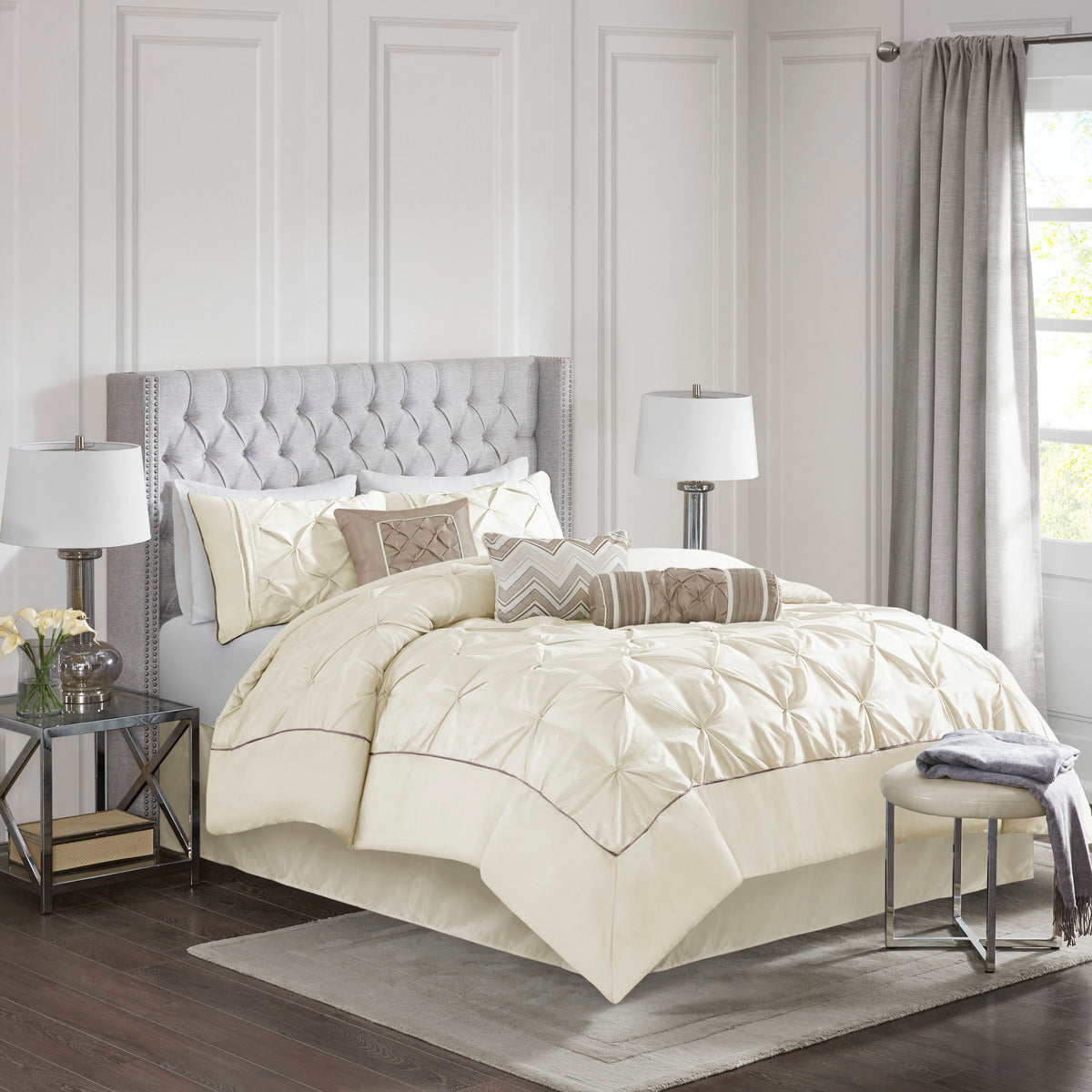 7 Piece Tufted Comforter Set Ivory Full Full Ivory Polyester