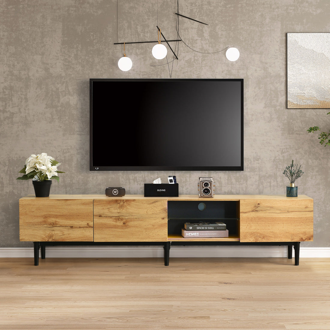 Modern Tv Stand With 4 Cabinets& Open Shelves, Color Matching Media Console Table For Tvs Up To 80'' With Led Light, Entertainment Center With Drop Down Door For Living Room, Bedroom, Home Theatre Wood Brown Primary Living Space 70 79 Inches 70 79 Inches