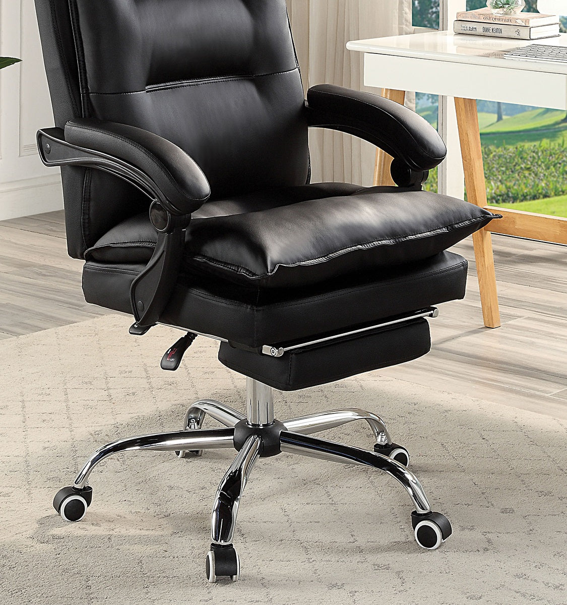 Contemporary Office Chair Upholstered 1Pc Comfort Adjustable Chair Relax Office Chair Work Blackpadded Armrests Black Office Contemporary,Modern Office Chairs Tufted Back Adjustable Height Faux Leather,Metal