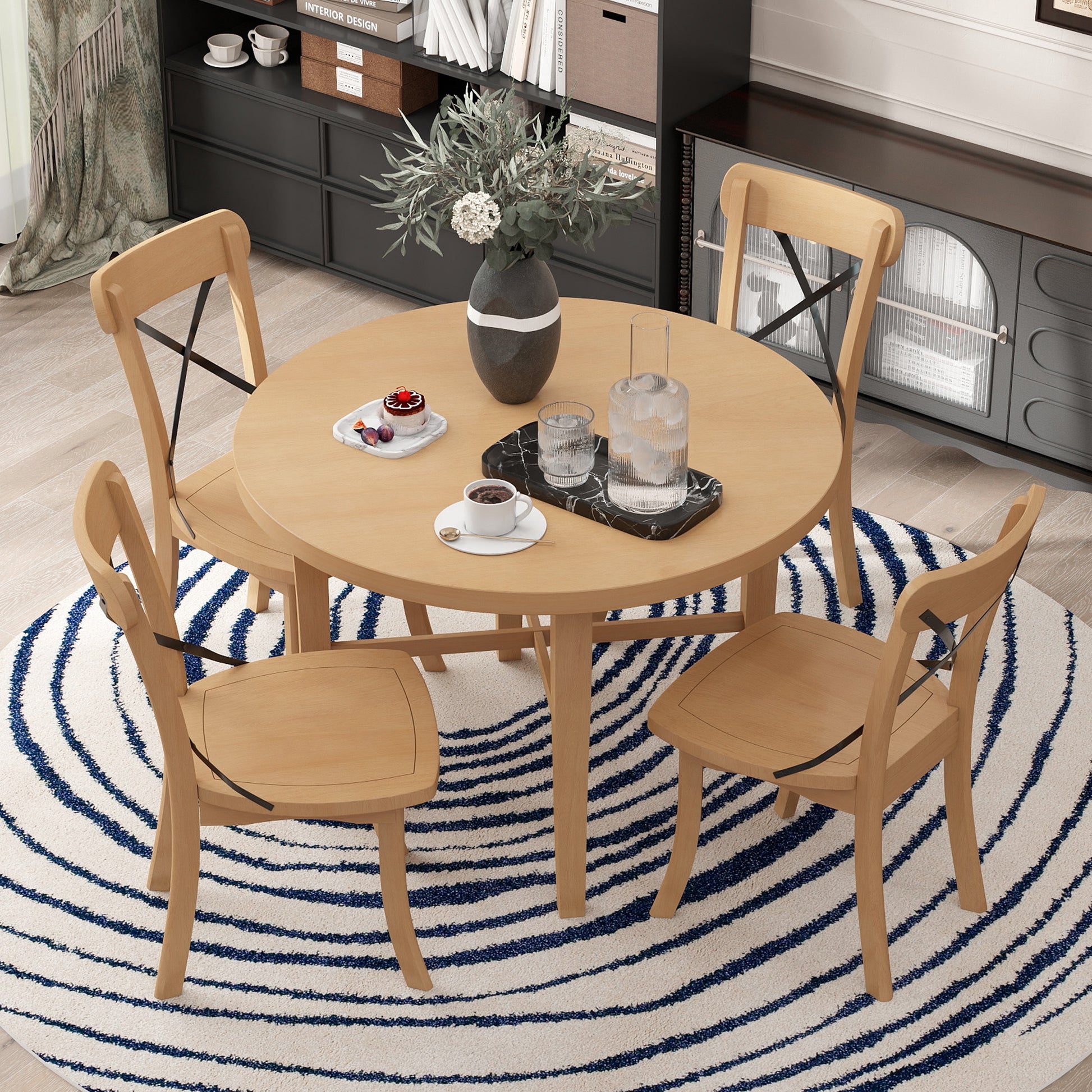 5 Piece Dining Set, Retro Simple Round Table And 4 Chairs With X Shaped Backrest For Kitchen, Dining Room And Living Room Natural Natural Rubber Wood