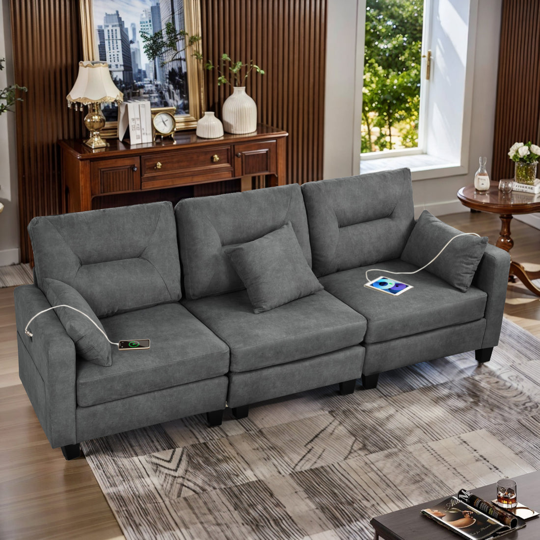 Oversized 86.1'' L Shaped Modular Sectional Couches With Usb Ports, Lumbar Pillows Gray Velvet Wood Primary Living Space Medium Soft Cushion Back Extra Heavy Duty Foam Foam Spring 5 Seat