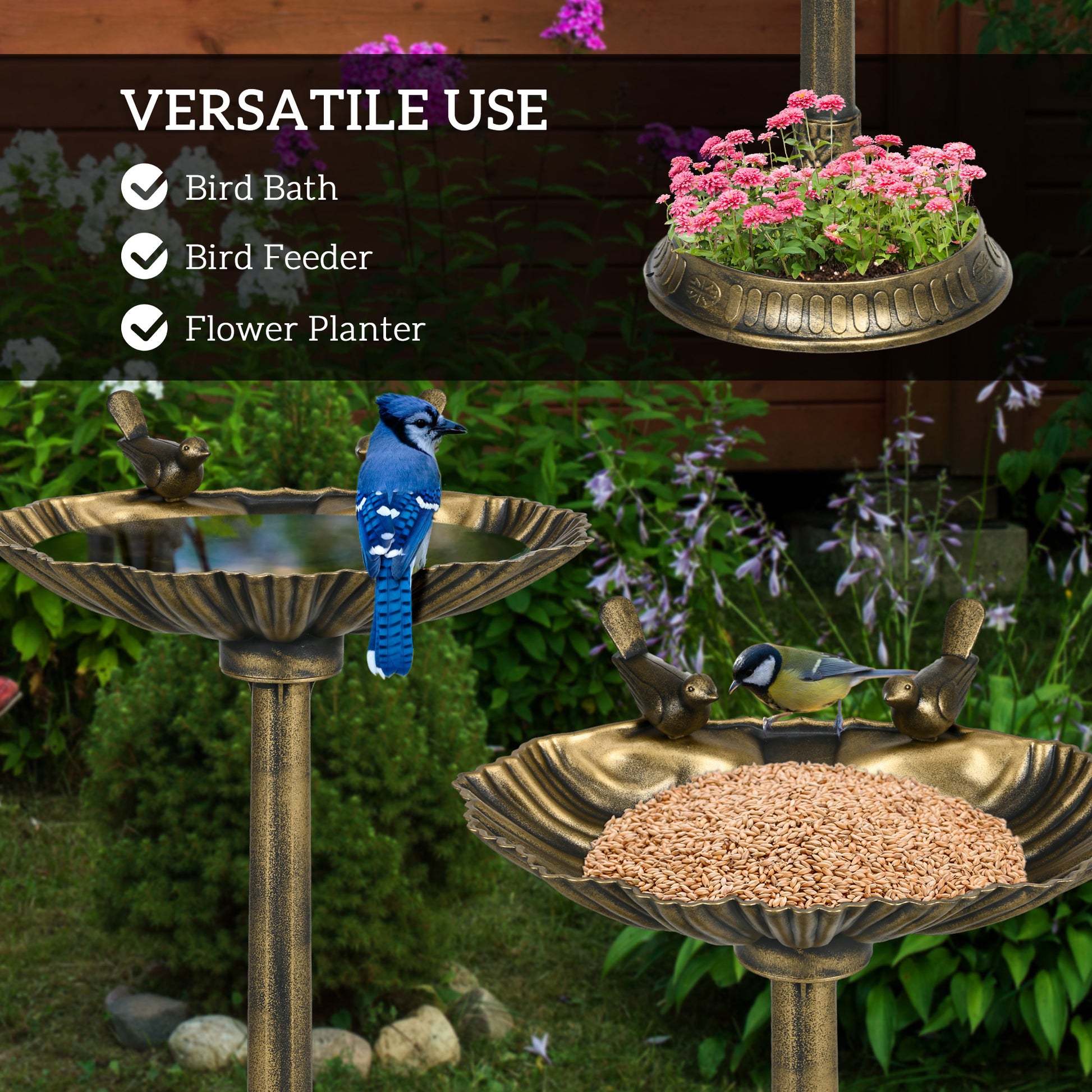 Outsunny 32" Antique Bird Bath With Pedestal Flower Planter Base, Vintage Style Decorative Birdbath, Bird Feeder Bowl & Planter Decoration Yard Statue, Bronze Bronze Polypropylene