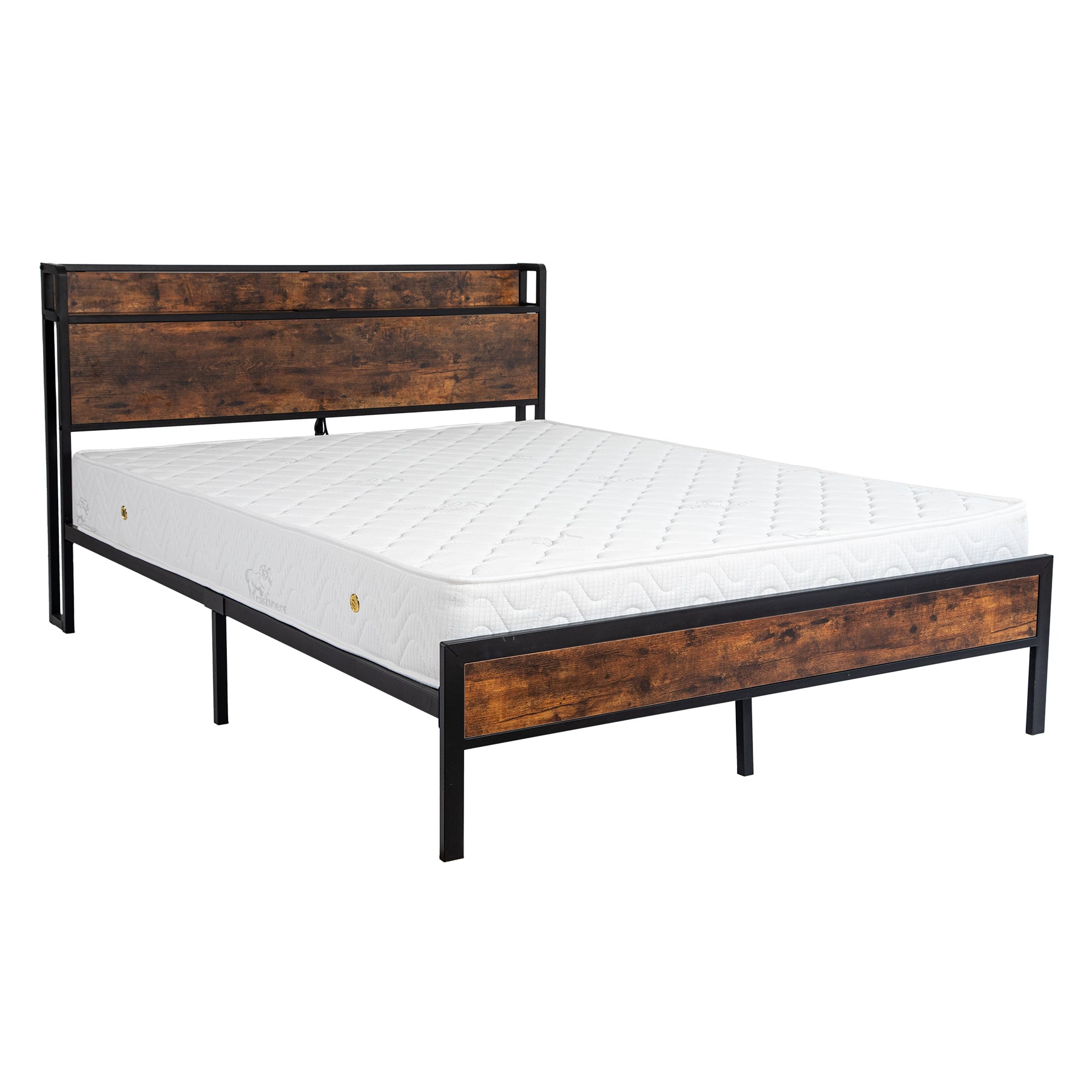 Black Queen Metal Bed Frame With Wooden Headboard And And Footboard And Iron Slats, Rustic Bed Base, Heavy Duty Platform Bed Frame, 12 Inch Underbed Storage No Springs Required Box Spring Required Queen Black Dark Walnut Metal Brown Bedroom