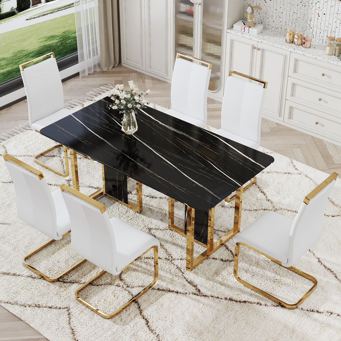 Table And Chair Set. Modern Dining Table With Mdf Top And Beautiful Mdf Legs. Equipped With Comfortable Pu Chairs And Metal Legs. Suitable For A Wide Range Of Decorative Styles. Black,White Seats 6 Mdf