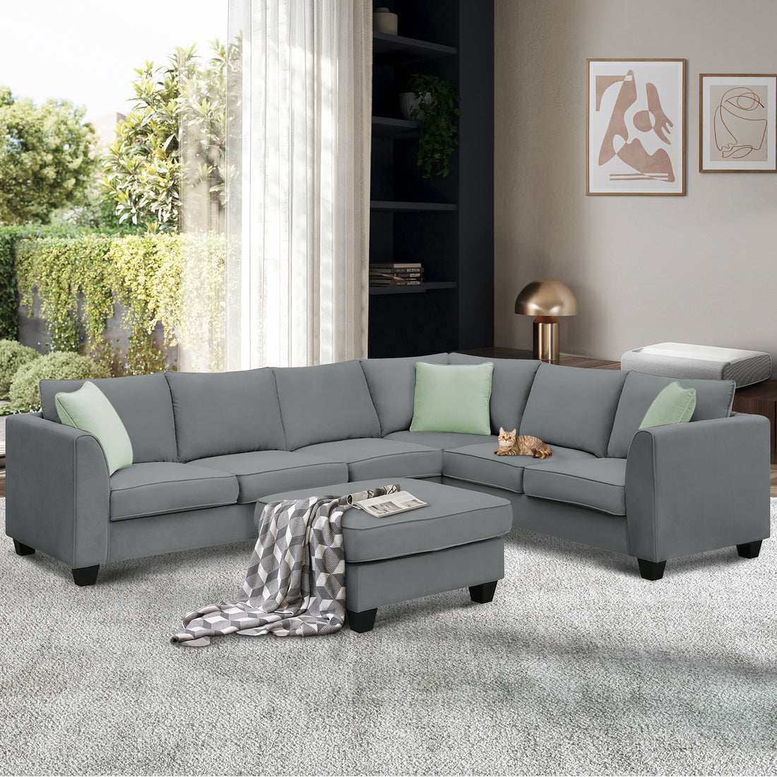 112*87" Sectional Sofa Couches Living Room Sets, 7 Seats Modular Sectional Sofa With Ottoman, L Shape Fabric Sofa Corner Couch Set With 3 Pillows, Grey Of Gs008210Aag Grey Fabric 8 Seat