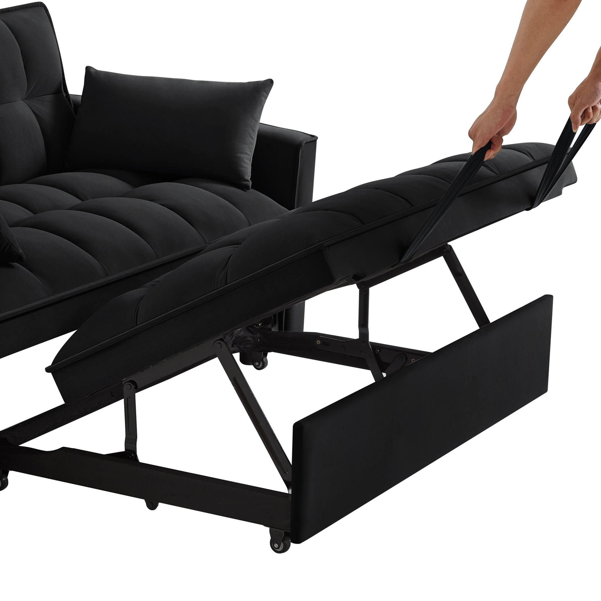 4 In1 Loveseat Sofa Bed With Armrests & Storage Pockets, Multi Function Tufted Pull Out Sofa Bed With Adjustable Backrest And Pillows, Convertible Loveseat Sofa Couch,Black Black Velvet Primary Living Space Medium Soft Tufted Back American