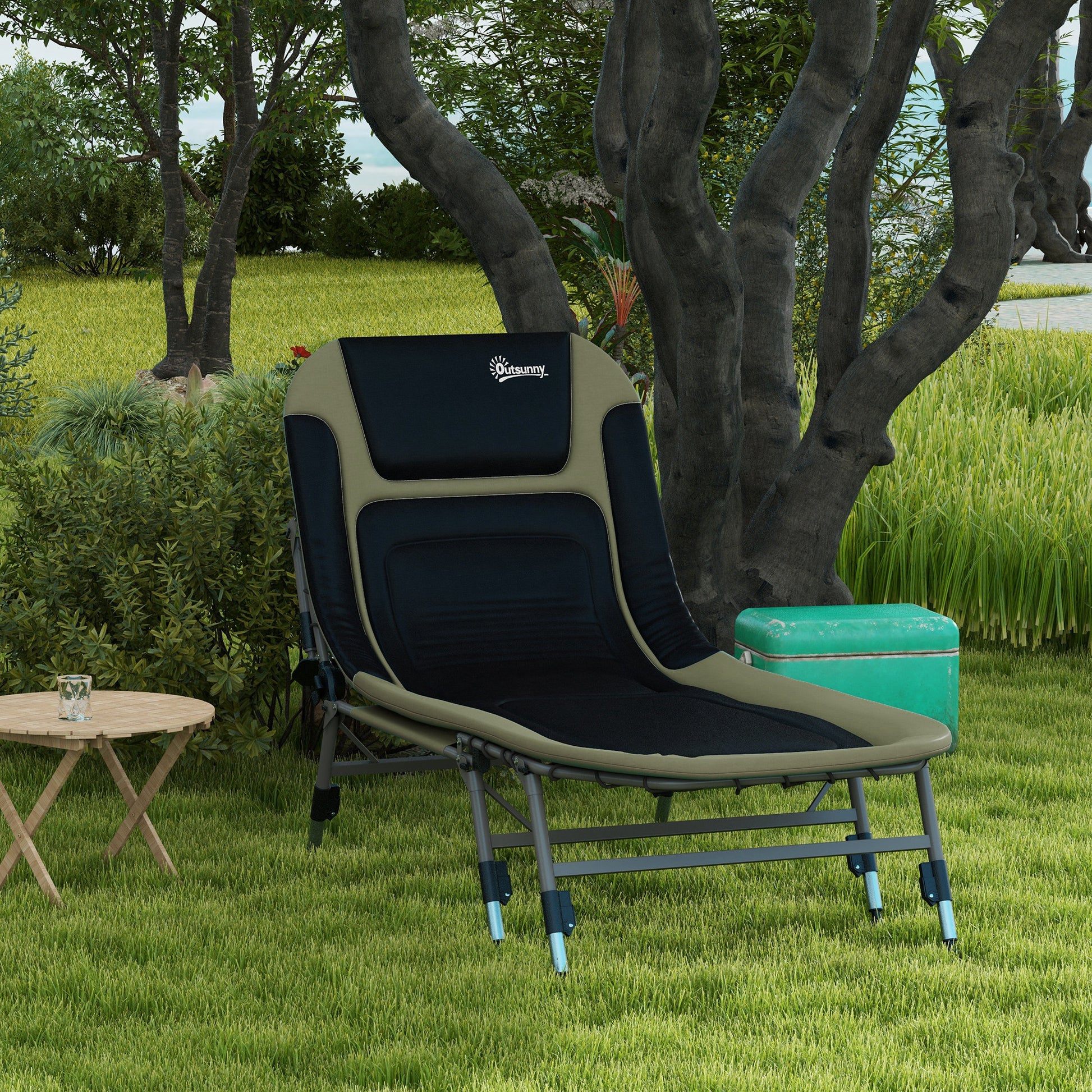 Outsunny Camping Cot For Adults, Folding Bed With Soft Padded Cushions & Headrest, 180 Adjustable Reclining Lounger, Heavy Duty And Portable With A 400 Lbs. Capacity, Dark Green Dark Green Oxford Fabric