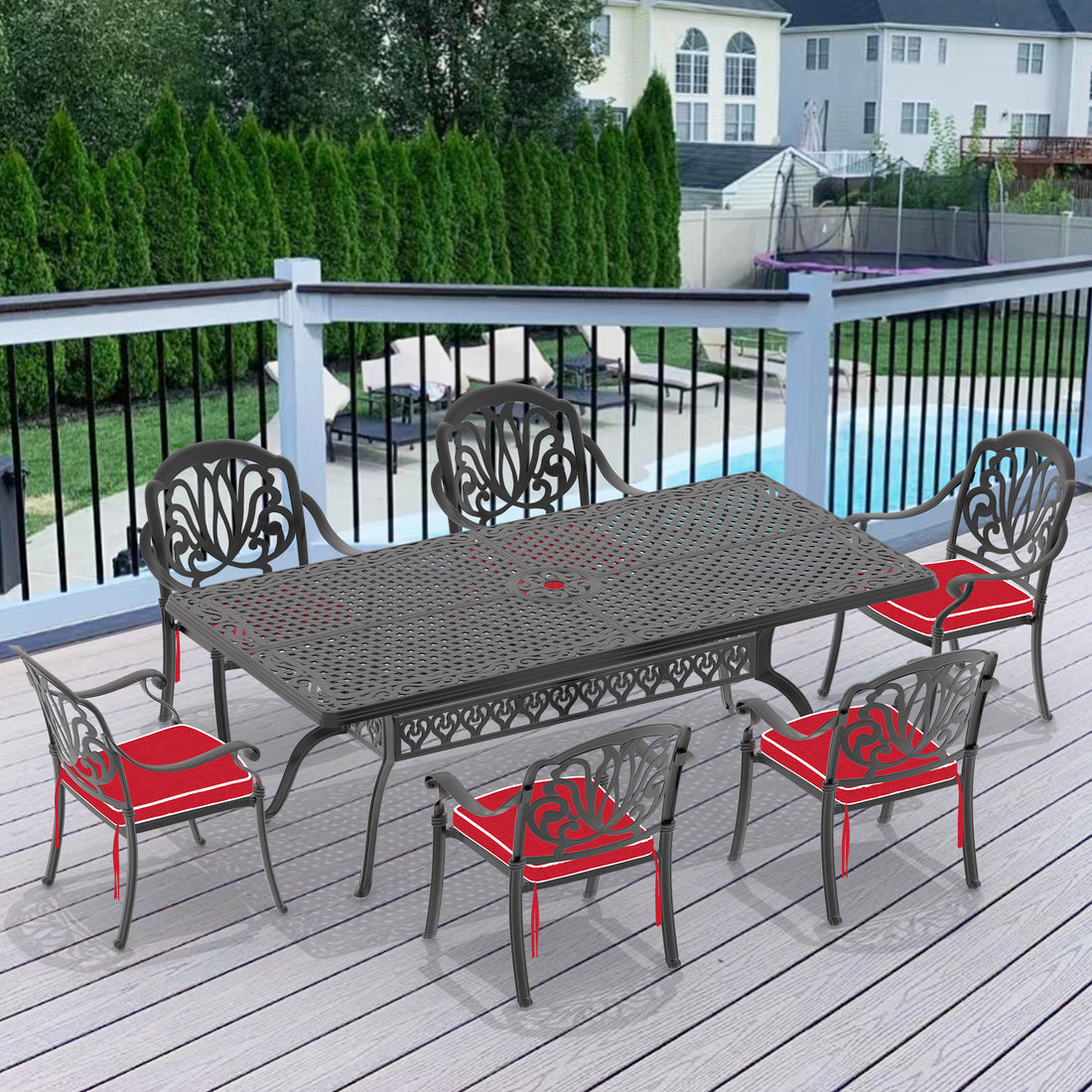 Cushions In Random Colors 7 Piece Set Of Cast Aluminum Patio Furniture With Cushions Yes Dining Set Black Seats 6 Rust Resistant Frame Water Resistant Cushion Garden & Outdoor Complete Patio Sets Aluminium