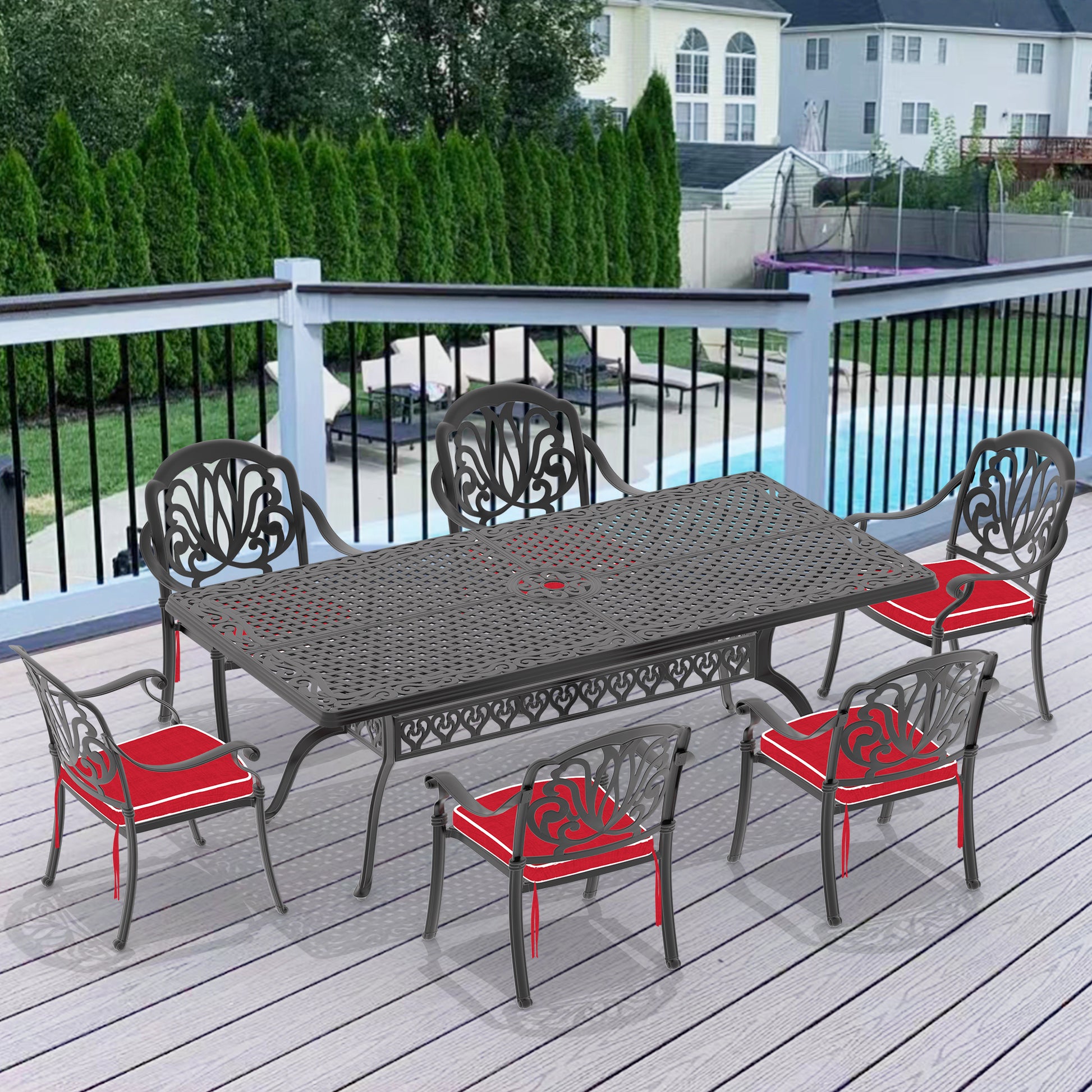 Cushions In Random Colors 7 Piece Set Of Cast Aluminum Patio Furniture With Cushions Yes Dining Set Black Seats 6 Rust Resistant Frame Water Resistant Cushion Garden & Outdoor Complete Patio Sets Aluminium