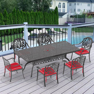 Cushions In Random Colors 7 Piece Set Of Cast Aluminum Patio Furniture With Cushions Yes Dining Set Black Seats 6 Rust Resistant Frame Water Resistant Cushion Garden & Outdoor Complete Patio Sets Aluminium
