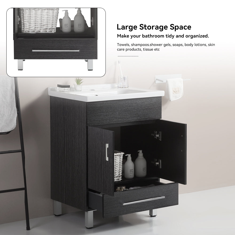 24 Inch Double Doors With Drawers Black Bathroom Cabinet With Ceramic Sink Black Solid Wood