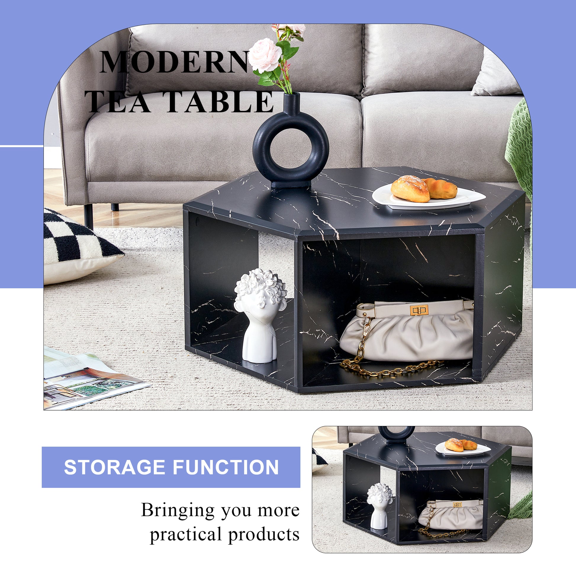 Modern Minimalist Black Hexagonal Coffee Table Set.Hexagonal Mdf Coffee Table, Characteristic Pattern Stickers, Multi Hole Design To Give More Storage Space.Two Coffee Tables Of Different Sizes.