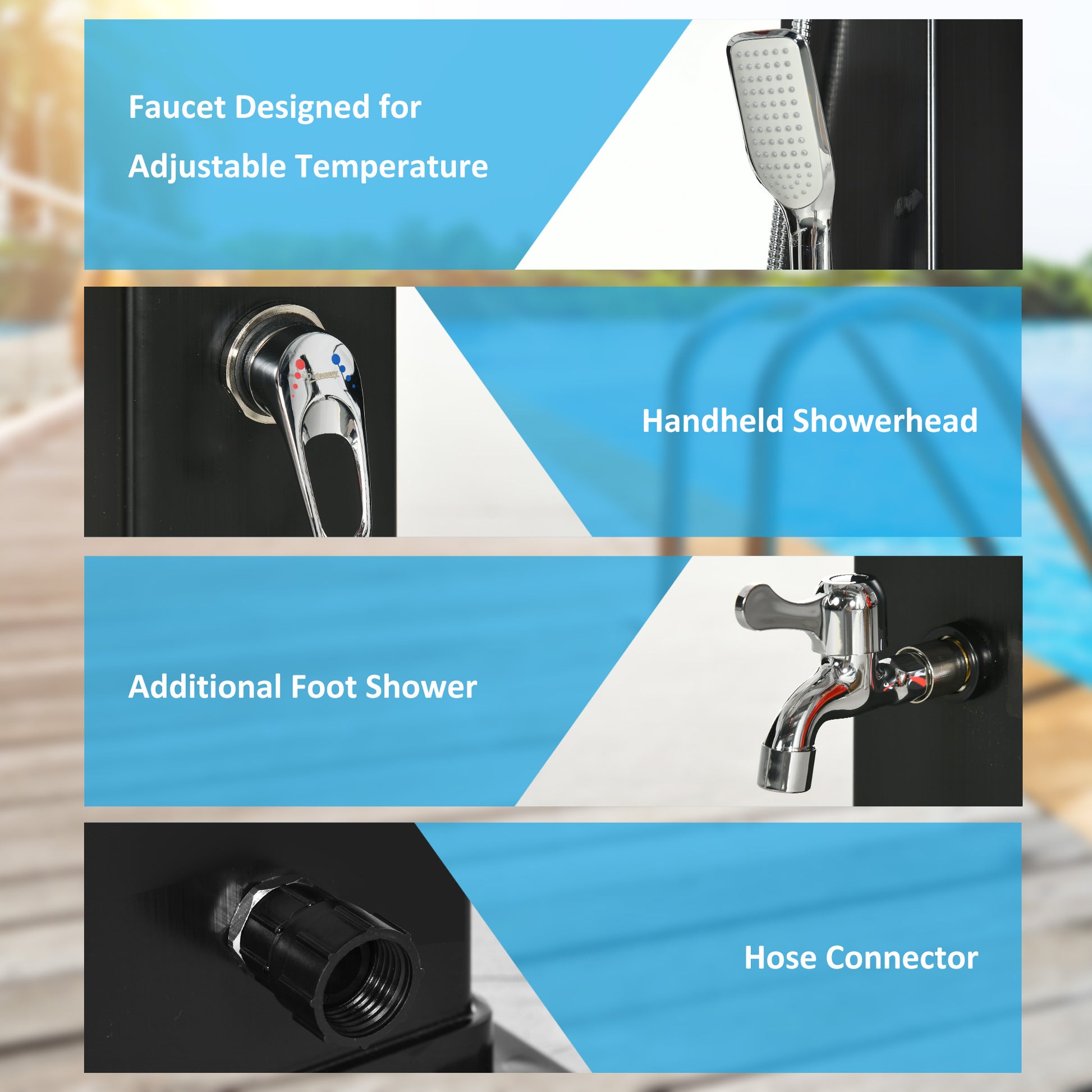 Outsunny 10.6 Gallons Solar Heated Shower With 360 Rotating Rainfall, Handheld Shower Head, Temperature Adjustment & Foot Shower, 2 Section Outdoor Shower For Backyard Poolside Beach Pool Spa, 7Ft