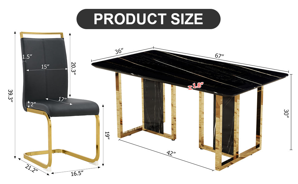 Table And Chair Set. Modern Dining Table With Mdf Top And Beautiful Mdf Legs. Equipped With Comfortable Pu Chairs And Metal Legs. Suitable For A Wide Range Of Decorative Styles. Black Seats 4 Mdf