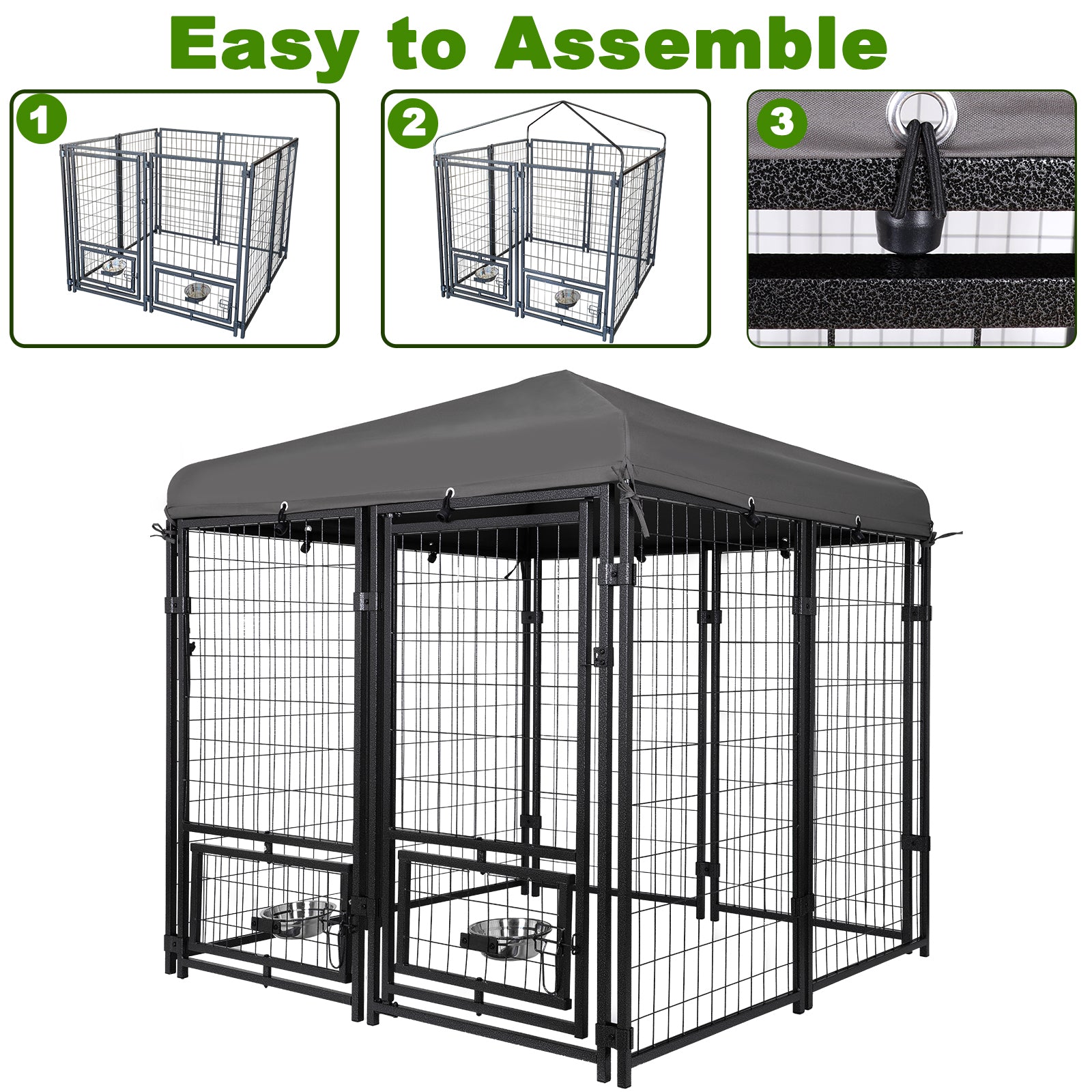 Outdoor Dog Kennel 4.5' X 4.5' X 4.8' With Waterproof Heavy Duty Metal Dog Cage,Outside Dog Enclosure With Lockable Door With Roof & Rotating Feeding Door,2 Bowl Holders And Bowls For Small Medium Dog Grey Outdoor Kennel Metal