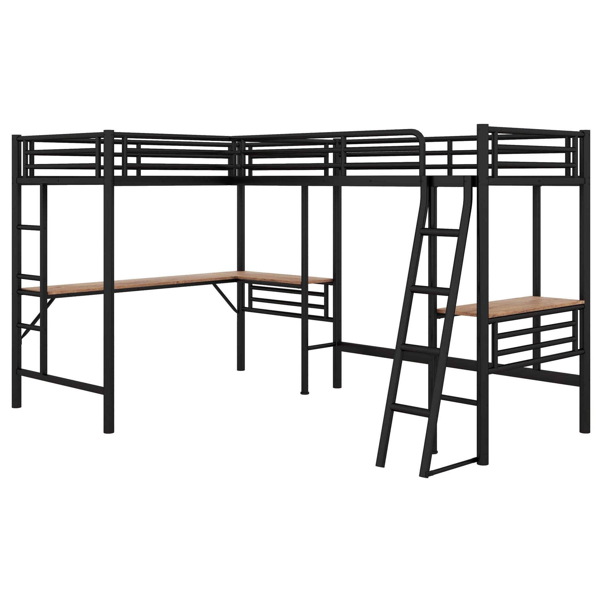 Twin Size Metal Loft Bed With Two Built In Desks,Black Twin Black Metal