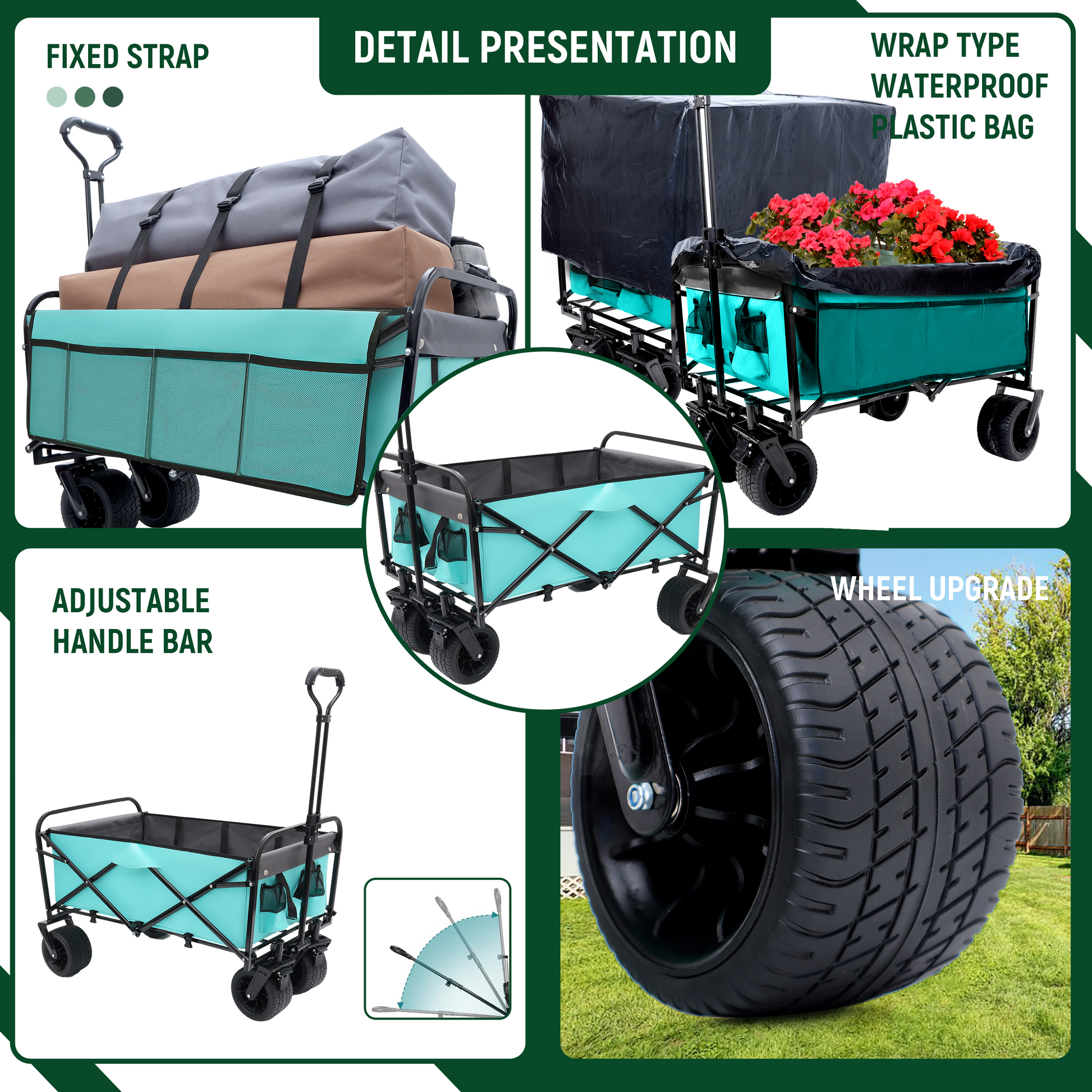 440Lbs Collapsible Foldable Wagon Cart With Strapping System ,Beach Wagon Utility Cart Utility Wagon Grocery Cart For Camping Shopping Sports Gardening Fishing Supports 3Pcs Plastic Liner Bag Blue