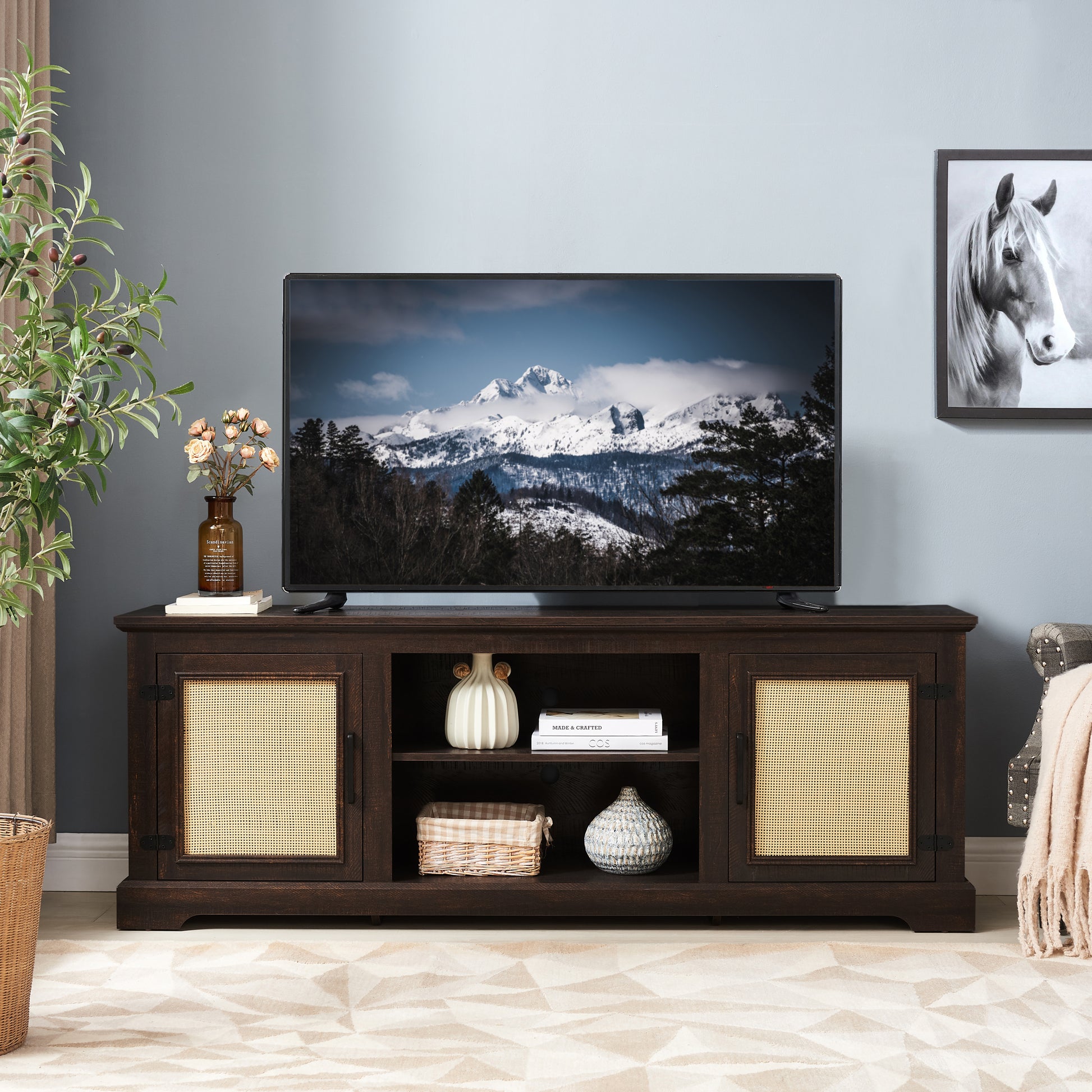 Farmhouse Rattan Tv Stand Console Table For Tvs Up To 70 Inches, Tv Console Table With 2 Storage Shelves, 2 Natural Rattan Door Cabinets, 65"W*15.55"D*23.86"H, Espresso Espresso 60 69 Inches Mdf