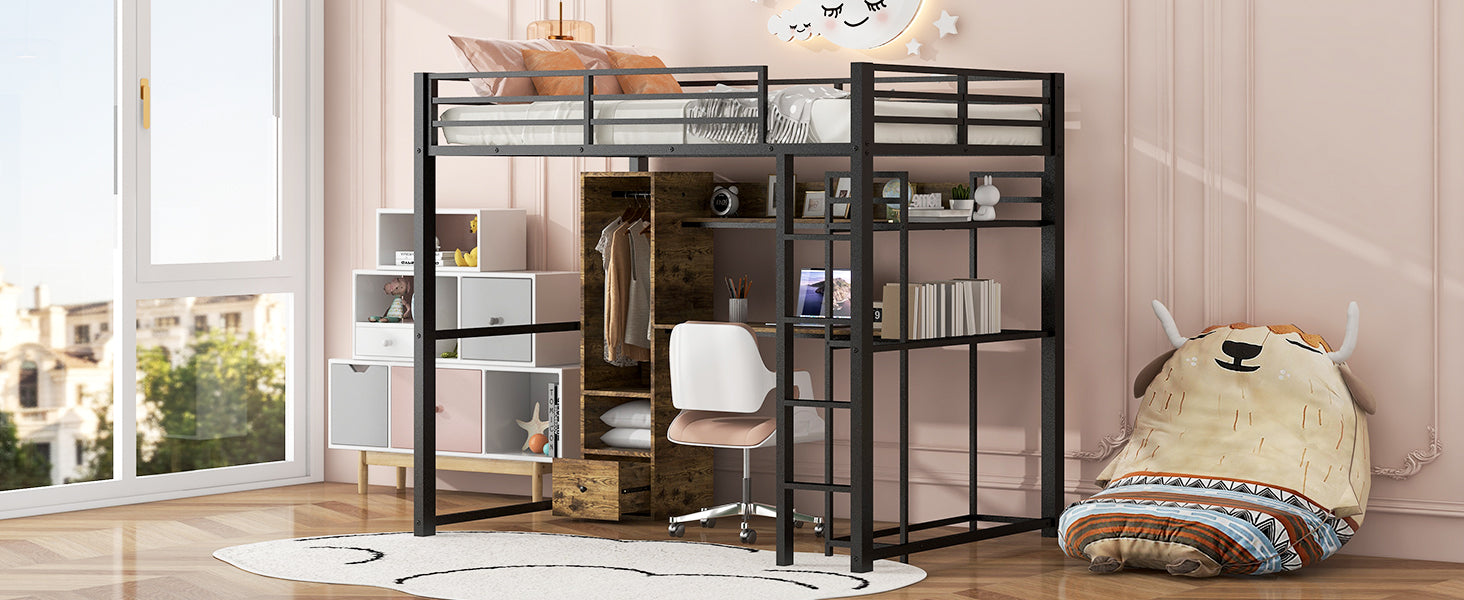 Full Size Metal Loft Bed With Built In Wardrobe, Drawer, Desk And Shelves, Black Expected Arrival Time: 9.7 Box Spring Not Required Full Black Metal Wood Metal